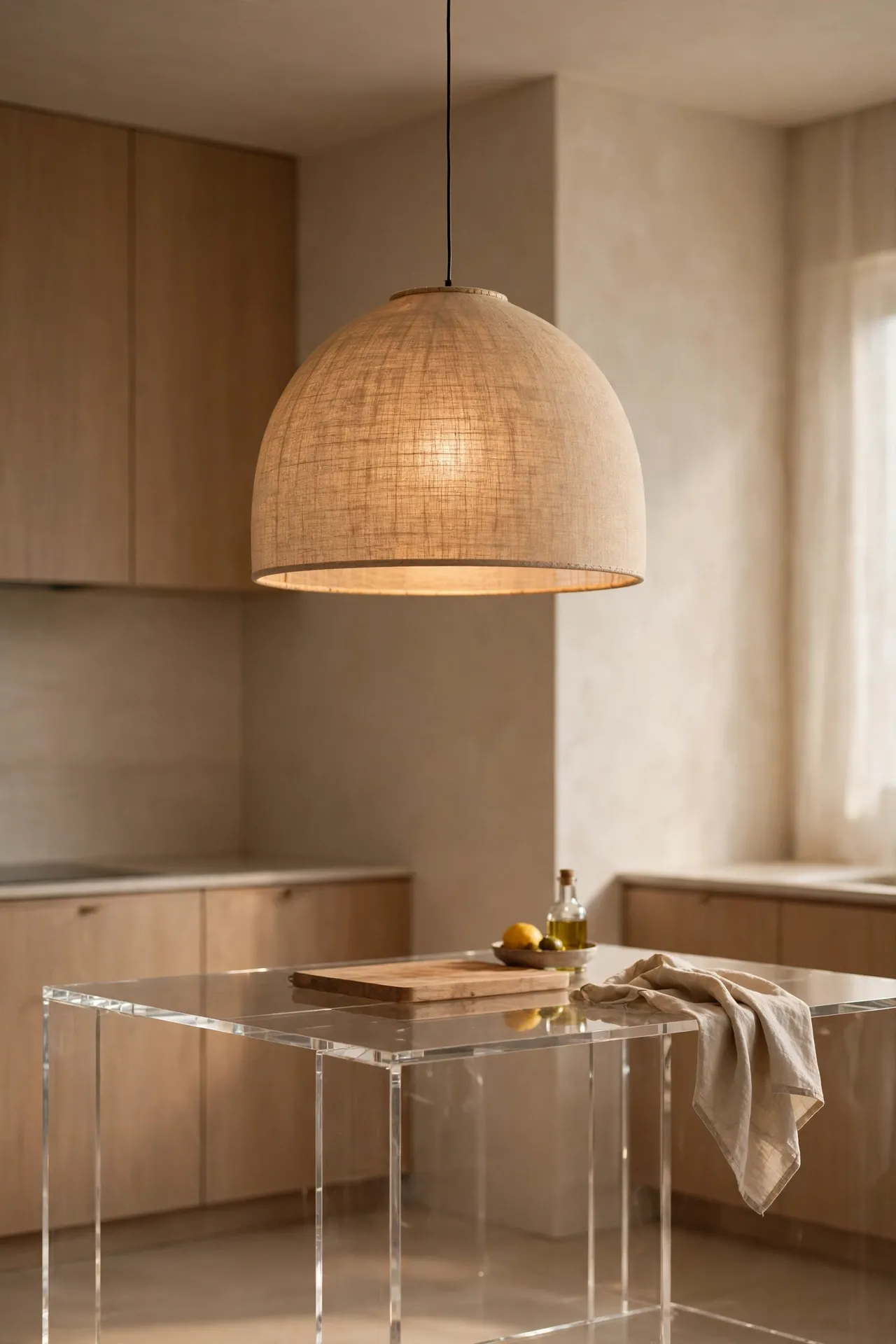 One large simple pendant shade over a kitchen island