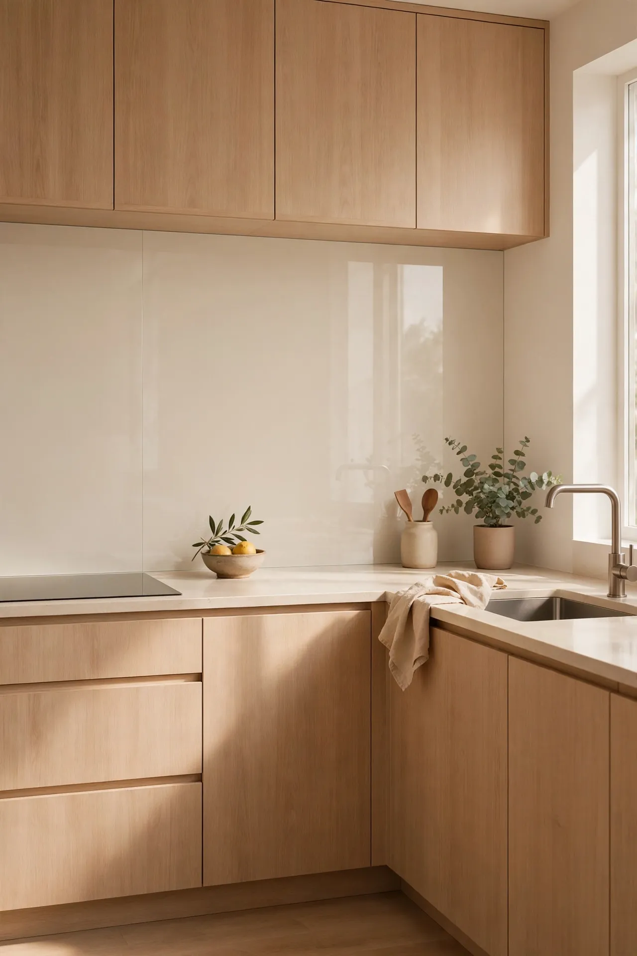 Seamless glass splashback with no grout lines in a kitchen