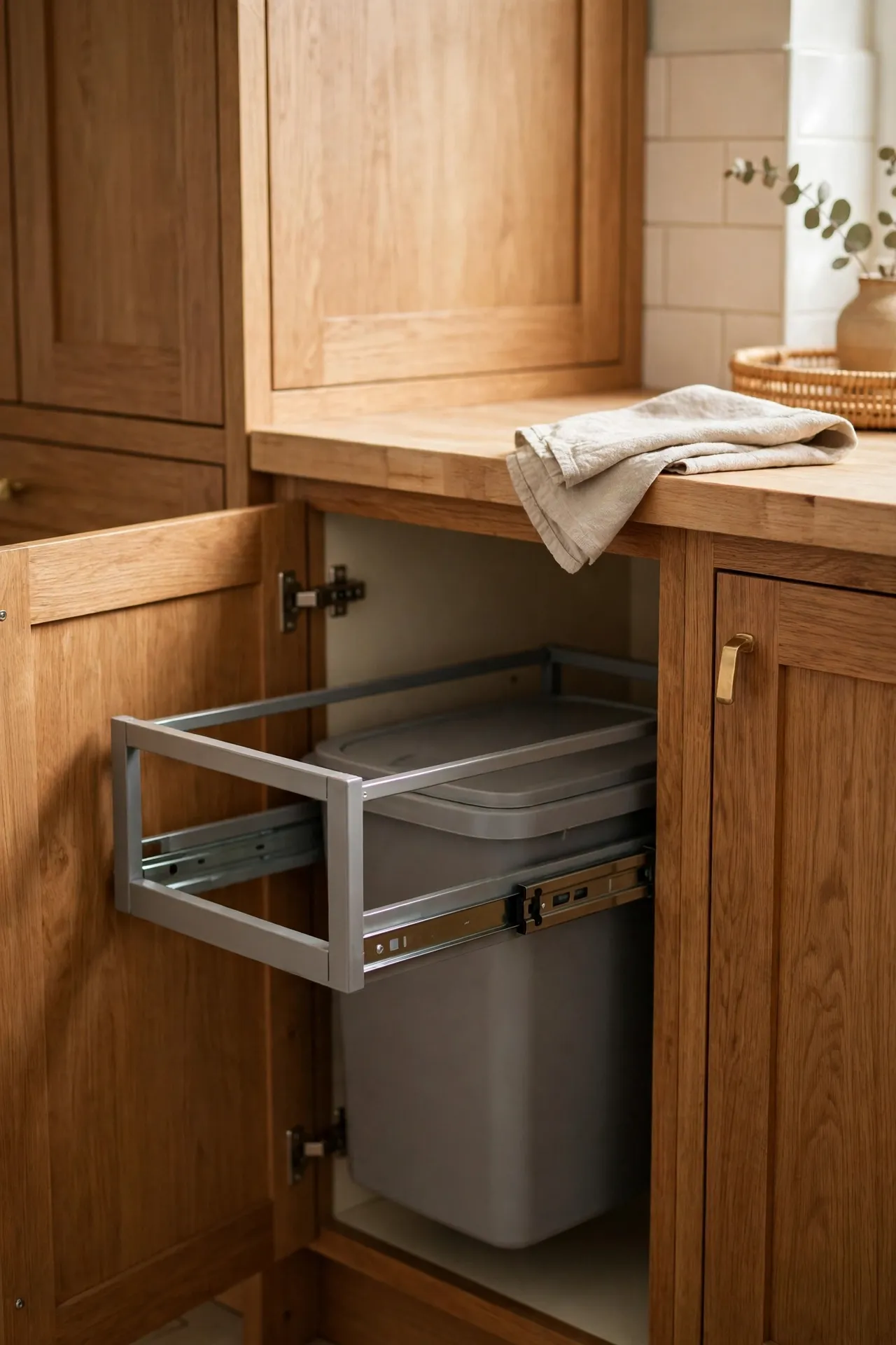 Pull-out bin frame hidden inside a kitchen cabinet
