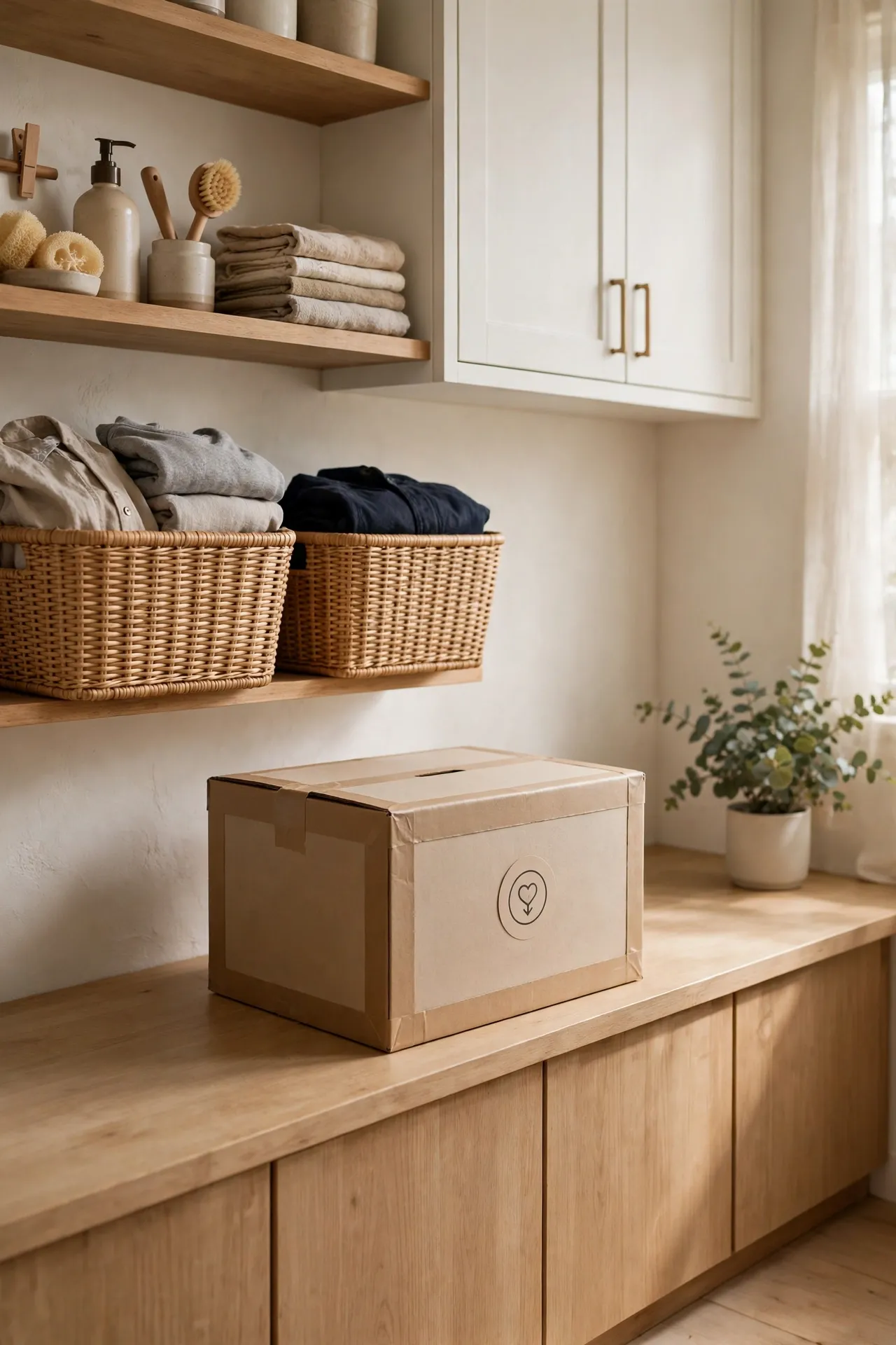 Donation box in a utility room for one-in-one-out decluttering