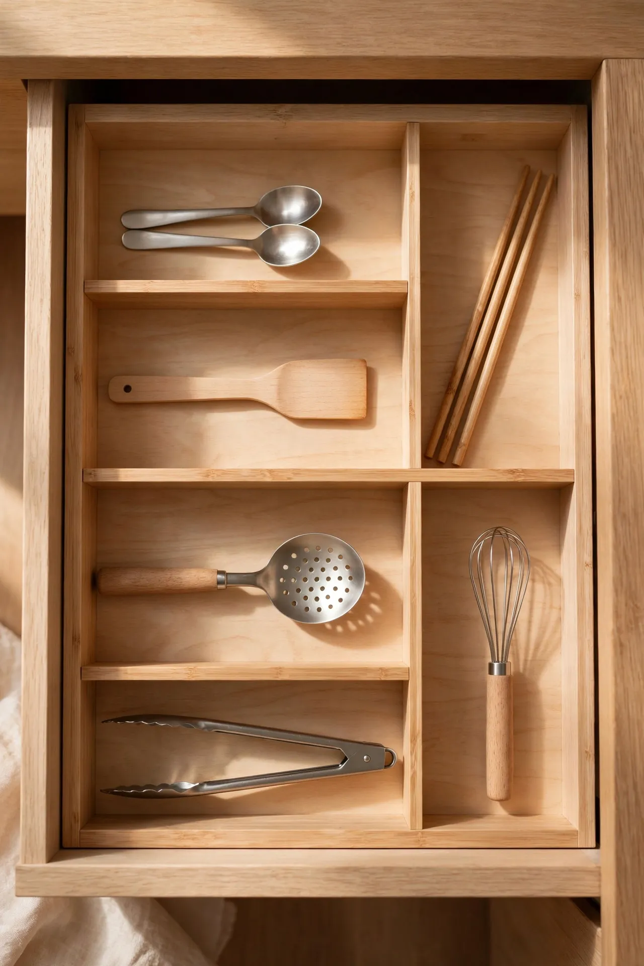 Kitchen drawer with dividers assigning one zone per section