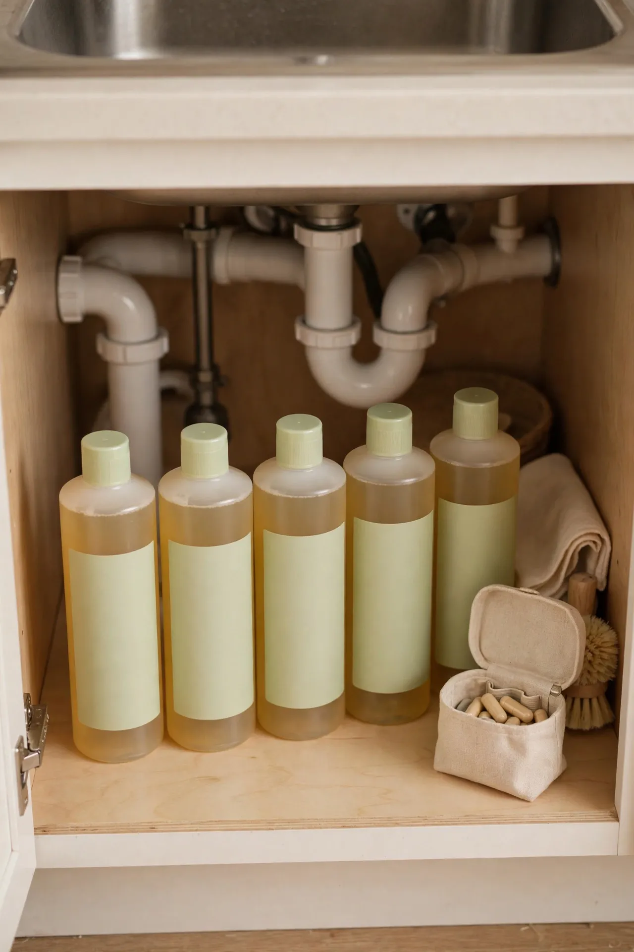 Five matching bottles of multi-task cleaners under a sink