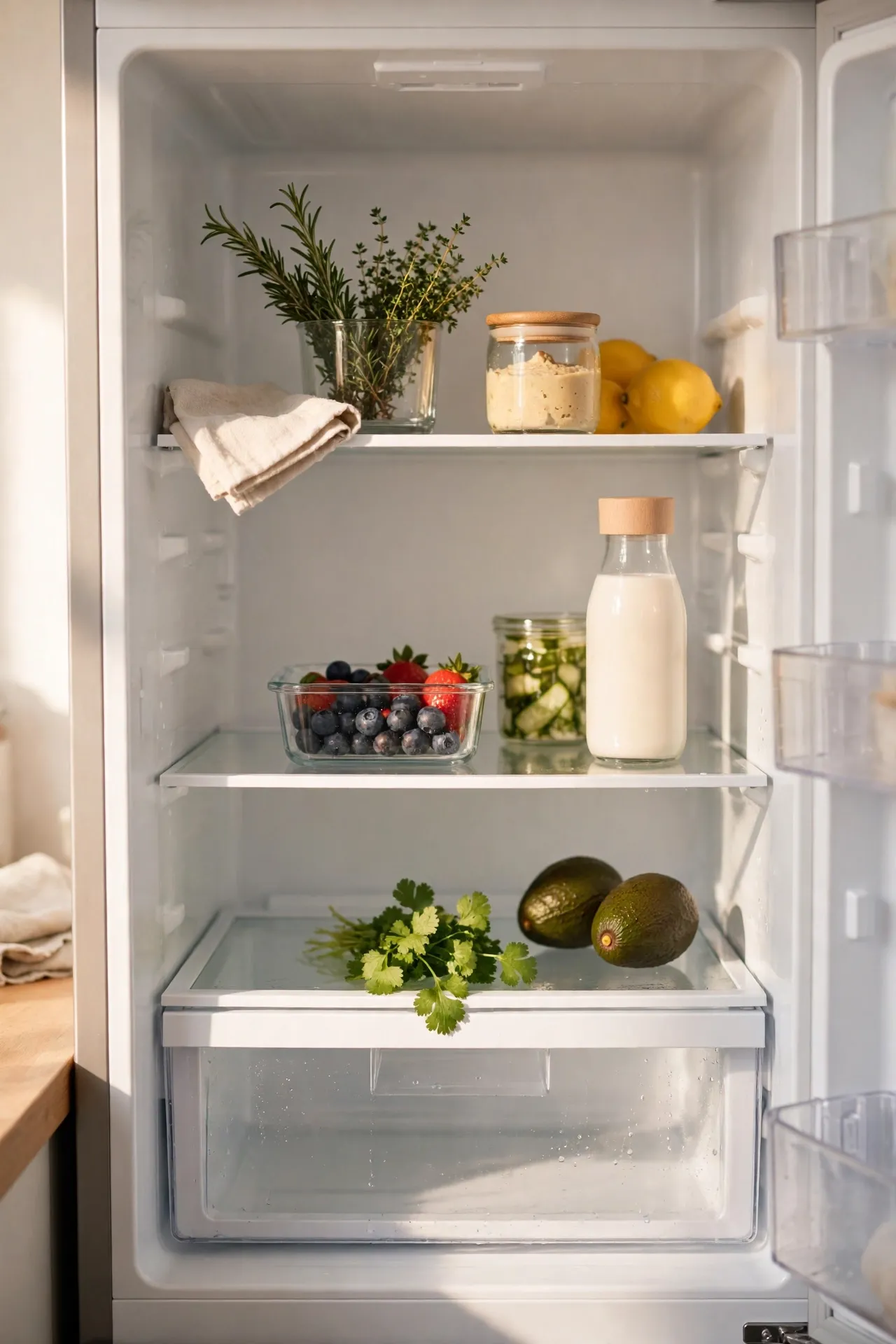 Freshly wiped empty fridge shelves during a weekly reset