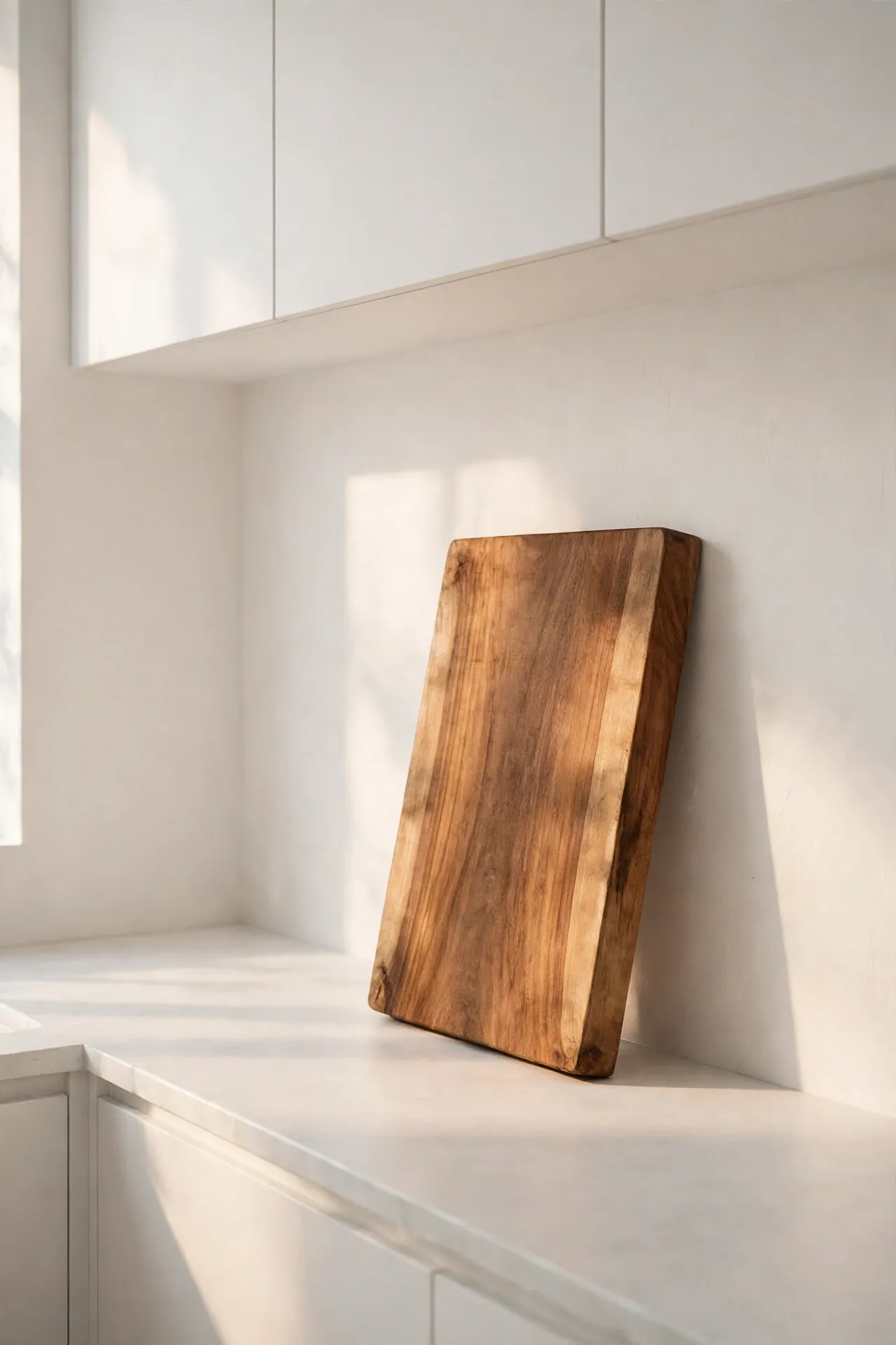 Single wooden chopping board as a warm accent in a white kitchen