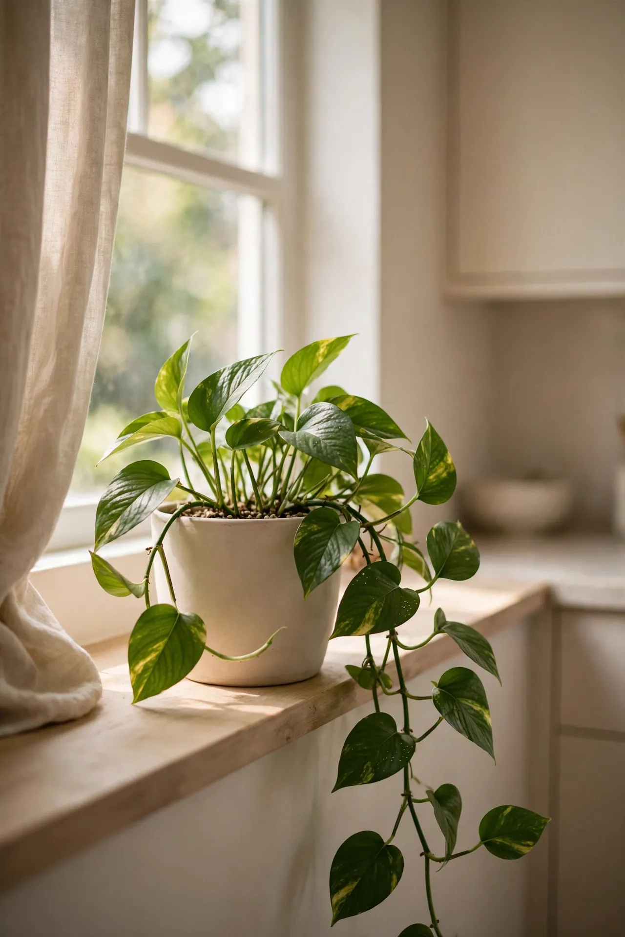One healthy pothos plant on a minimalist kitchen windowsill