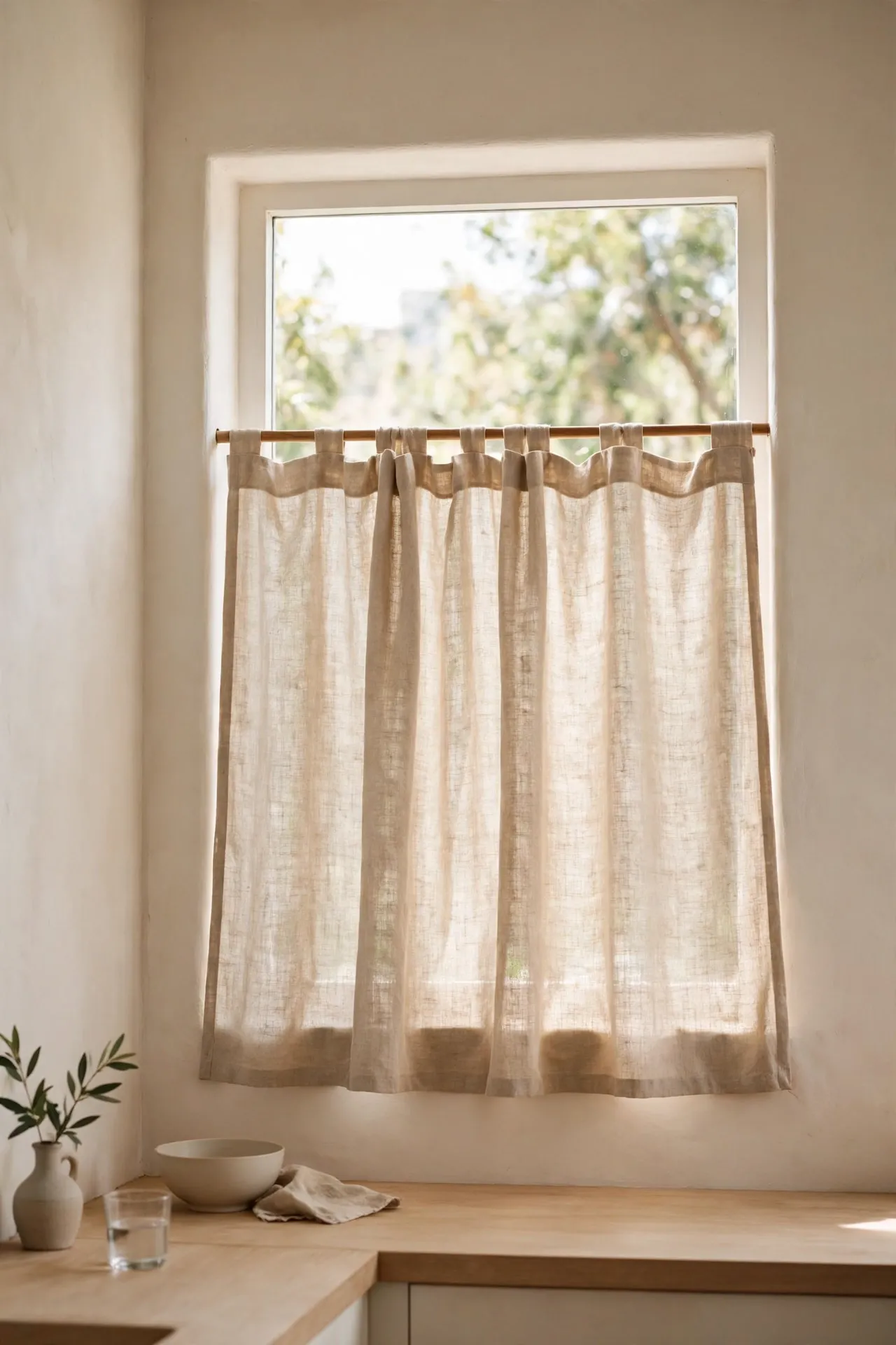 Simple plain linen cafe curtain at a kitchen window