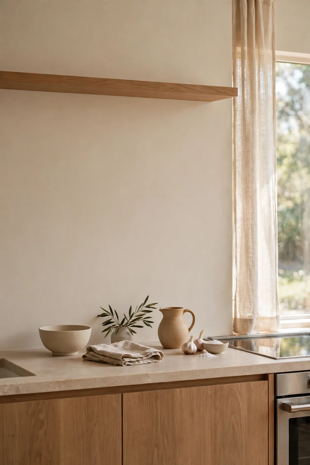 Kitchen shelf deliberately left empty as negative space styling