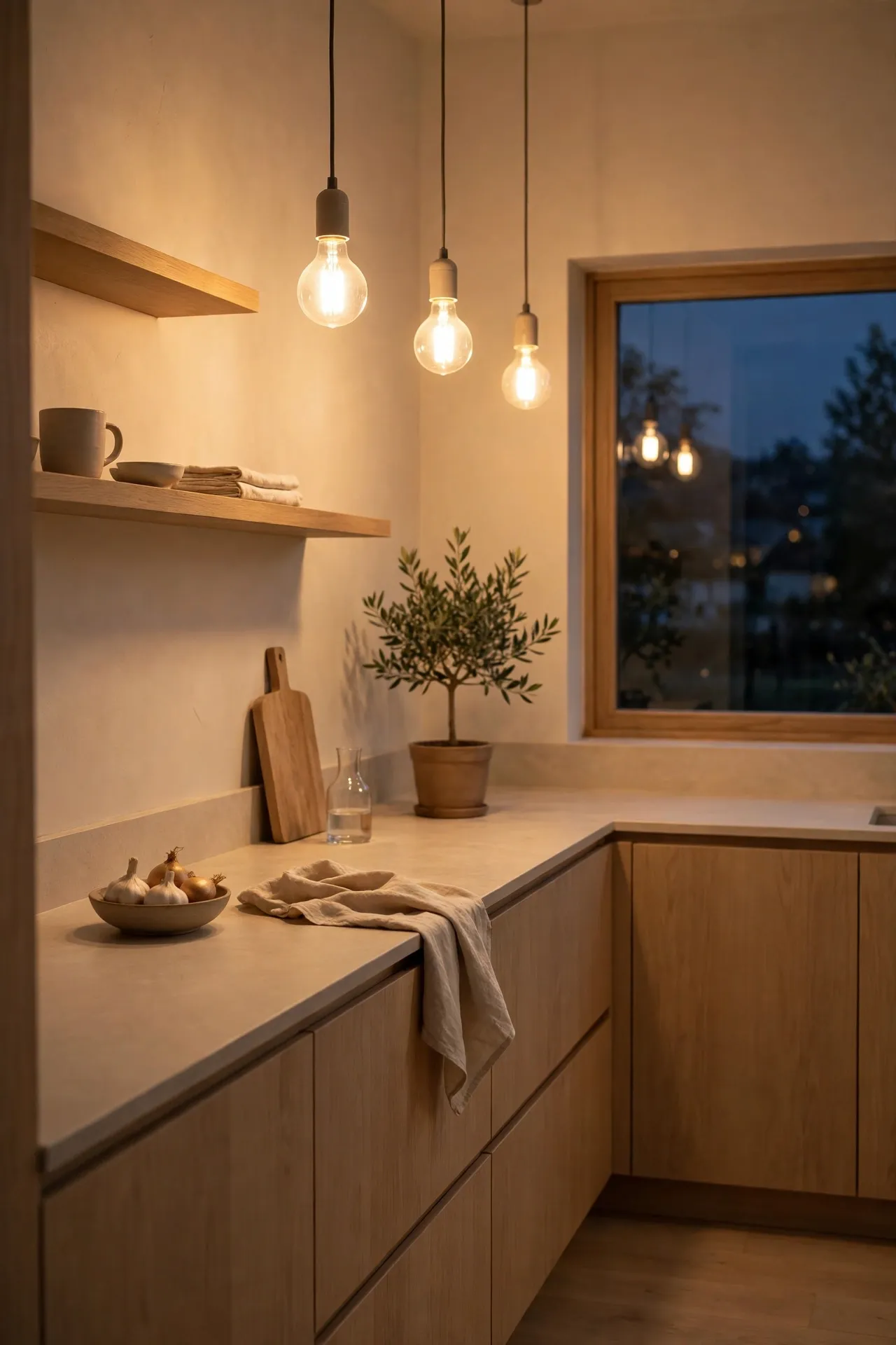 Minimalist kitchen glowing with warm white lighting