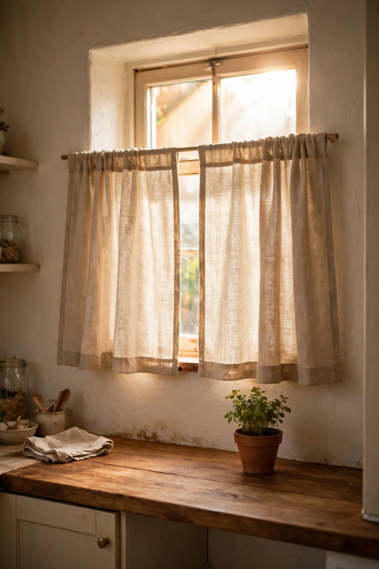 Beige linen cafe curtains on a small kitchen window with warm daylight