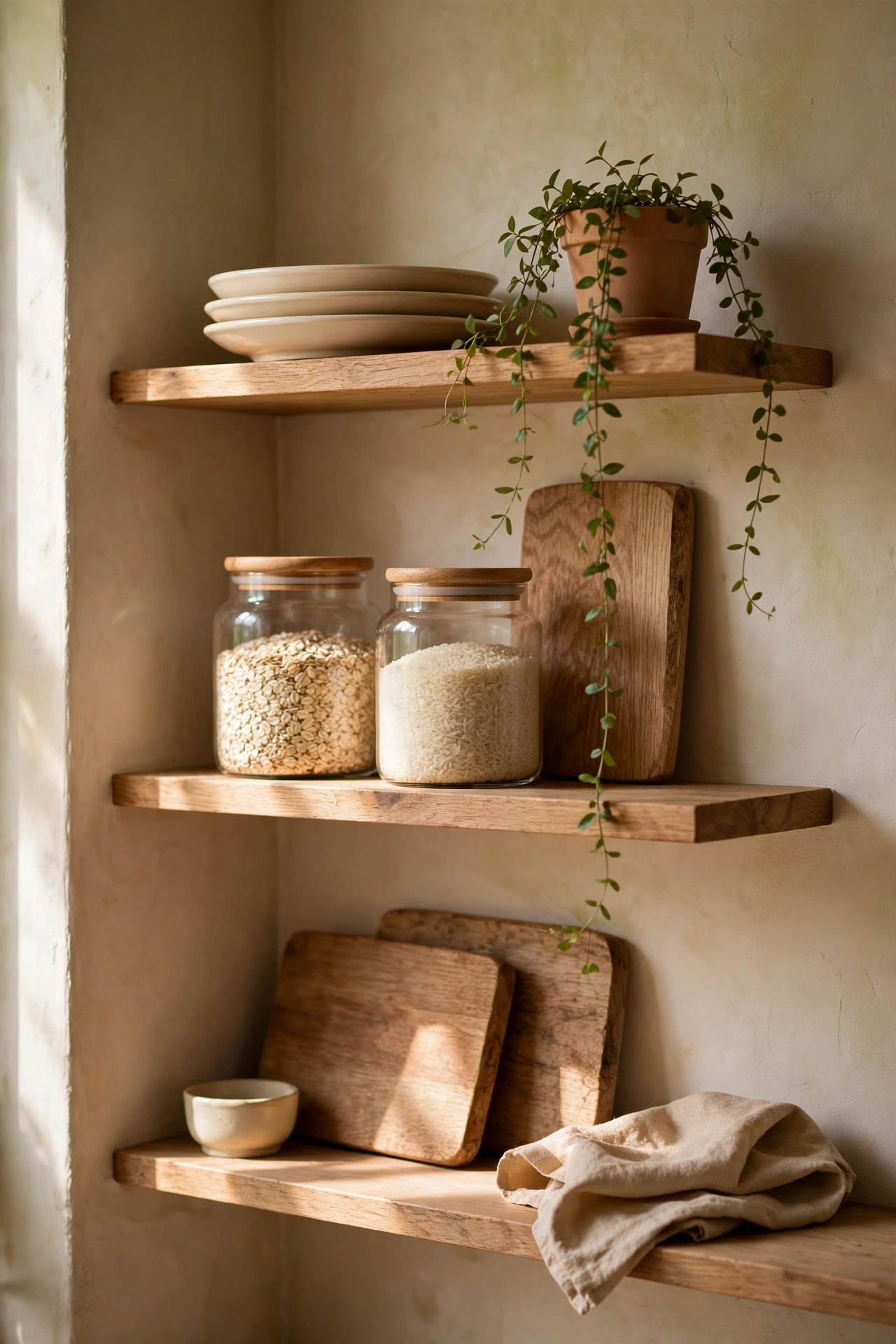 Open kitchen shelves styled with beige ceramics, wood and glass jars