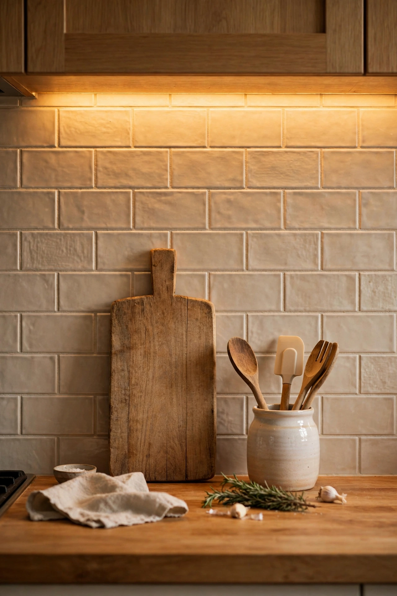 Beige subway peel-and-stick tile backsplash behind a kitchen counter