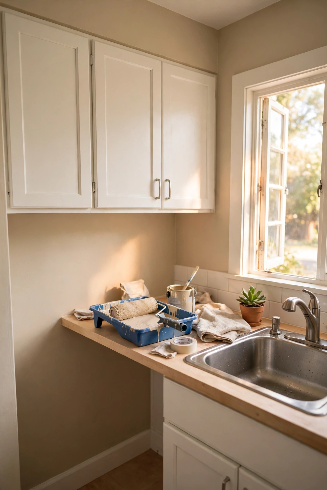 Kitchen walls freshly painted in warm oatmeal beige with white cabinets