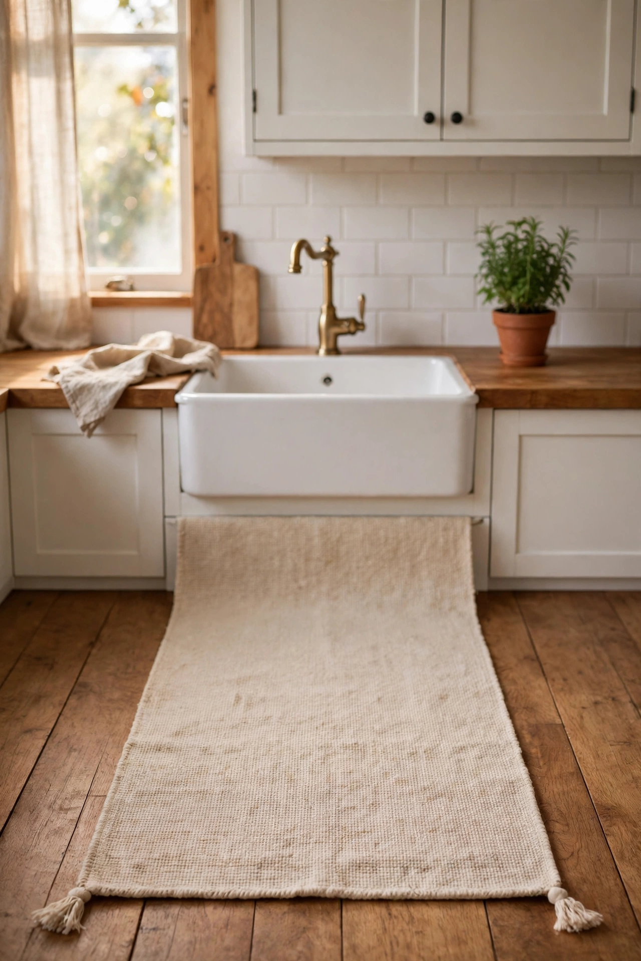 Beige cotton rug runner in front of a kitchen sink