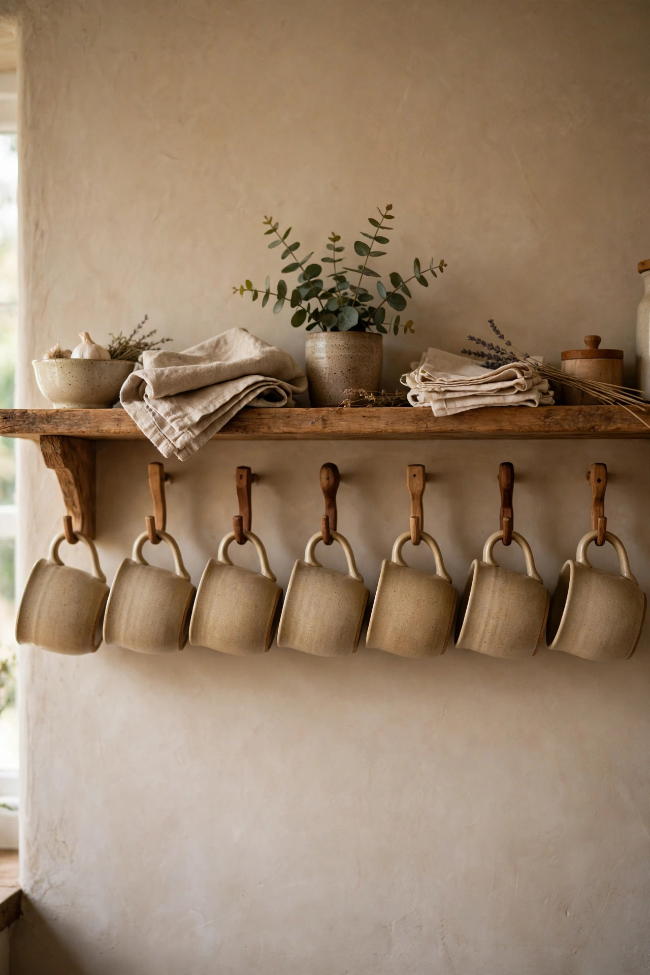 Sandy beige stoneware mugs hanging on hooks under a kitchen shelf