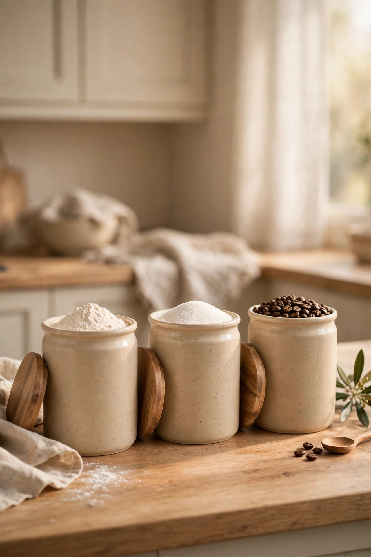 Beige ceramic kitchen canisters with wooden lids on a countertop