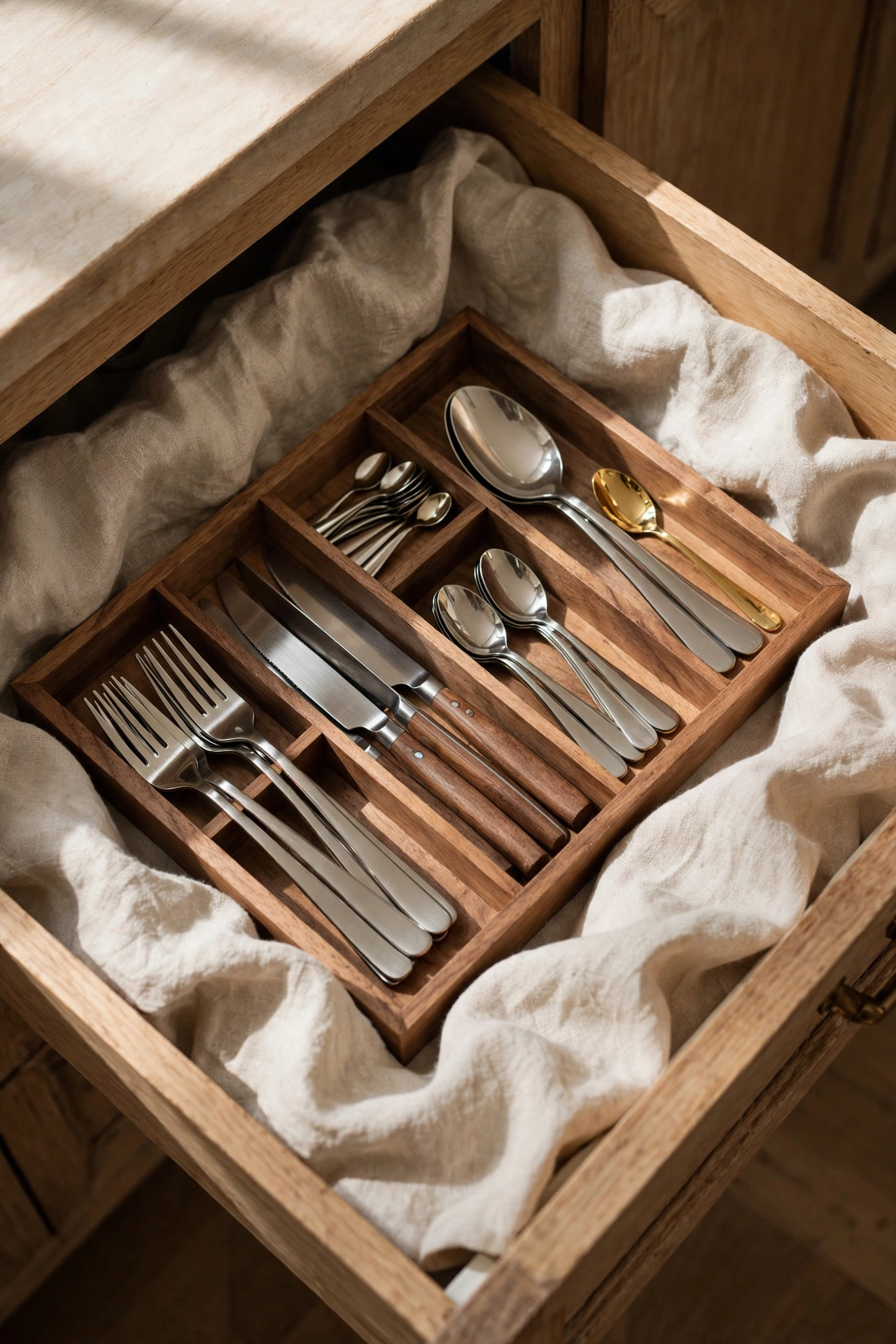 Kitchen drawer lined with natural beige linen holding cutlery