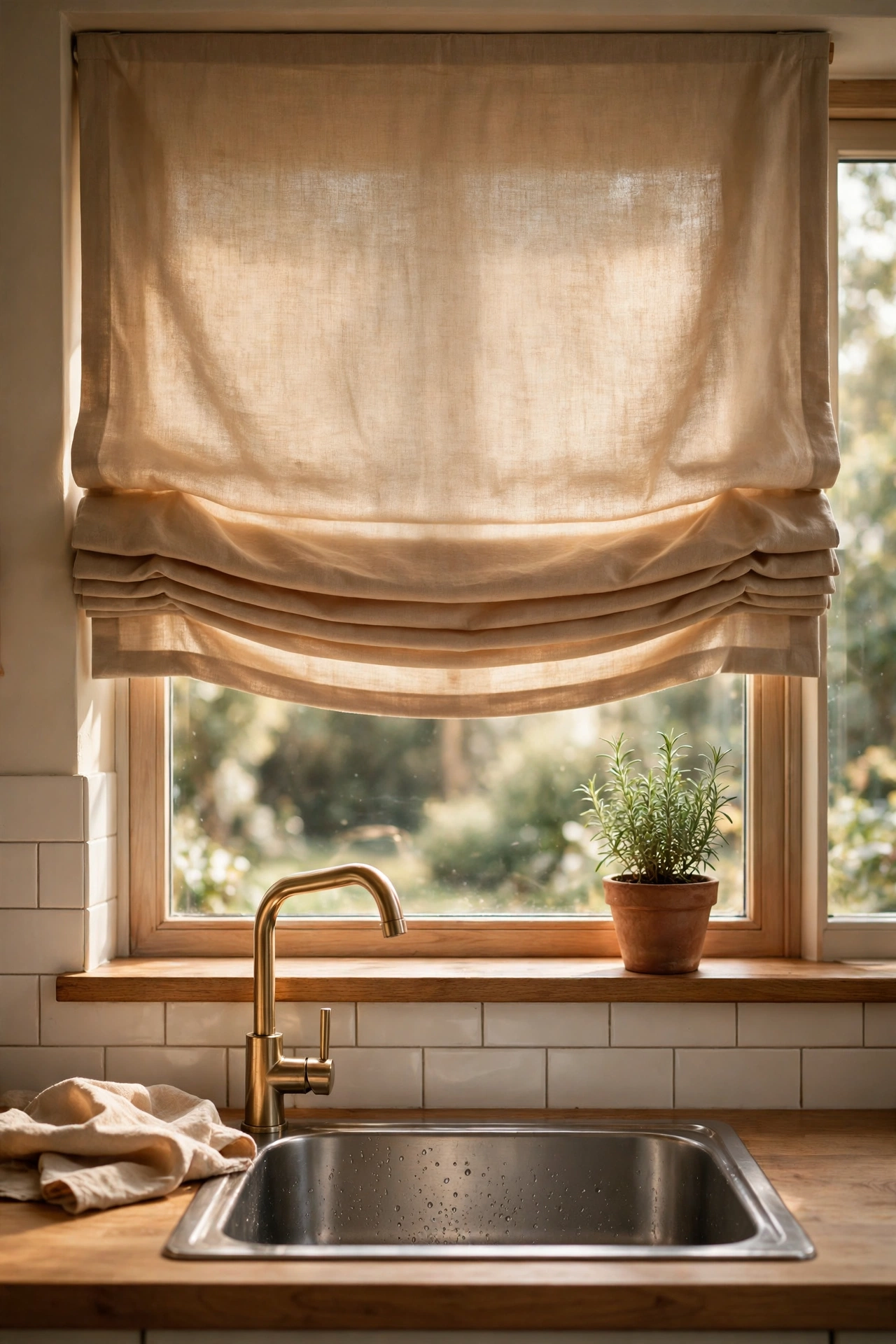 Warm beige roman blind on a kitchen window above the sink