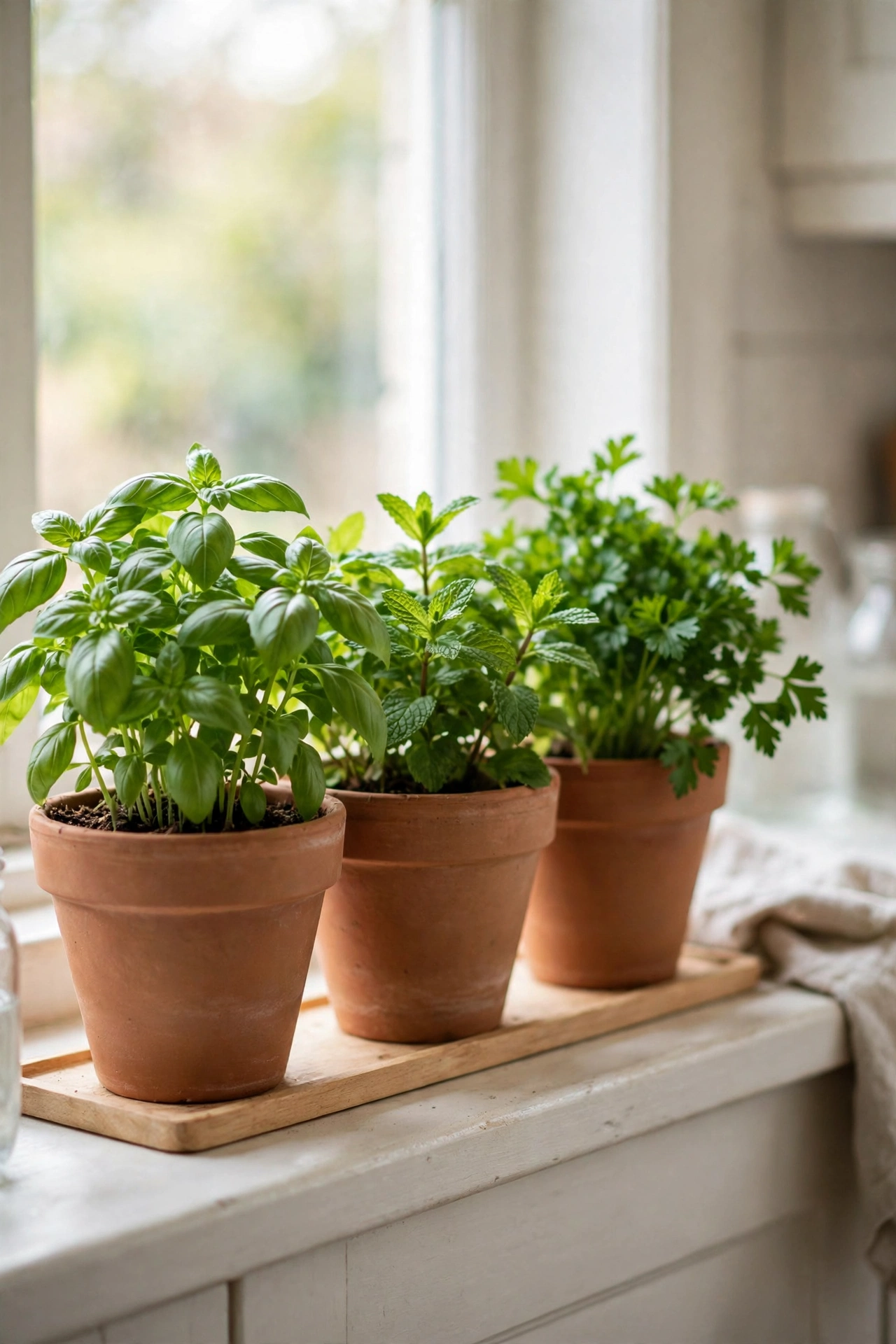 Sand coloured pots with fresh kitchen herbs on a windowsill