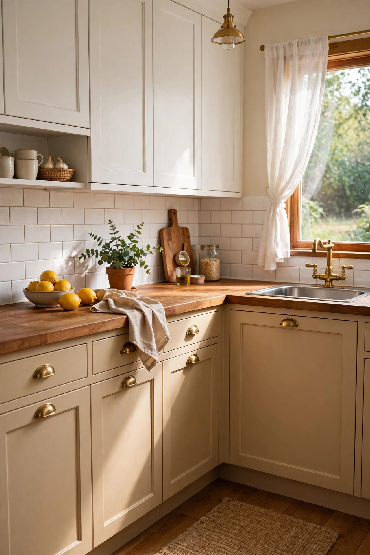 Kitchen with warm beige painted lower cabinets and white uppers