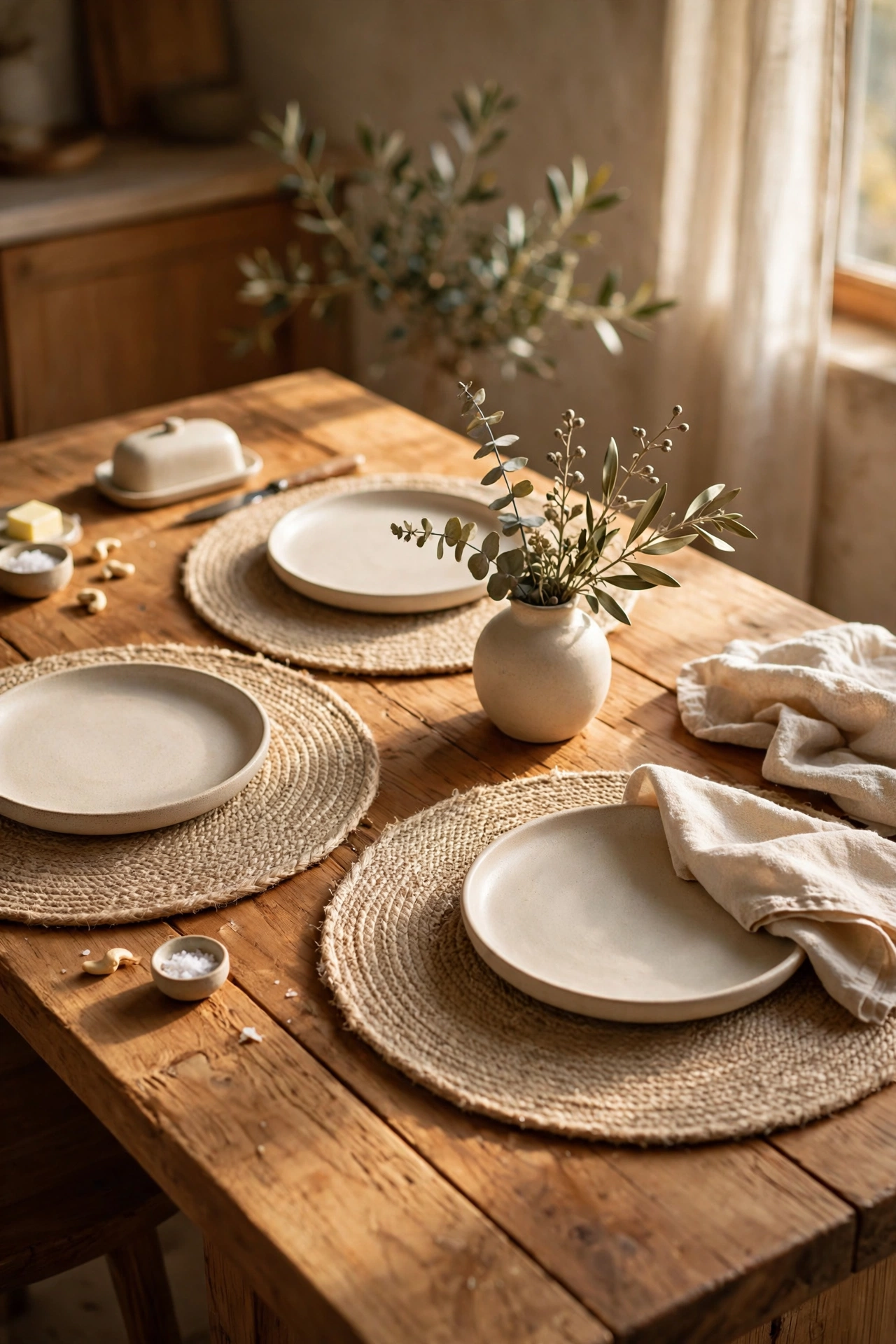 Round natural jute placemats on a wooden breakfast bar