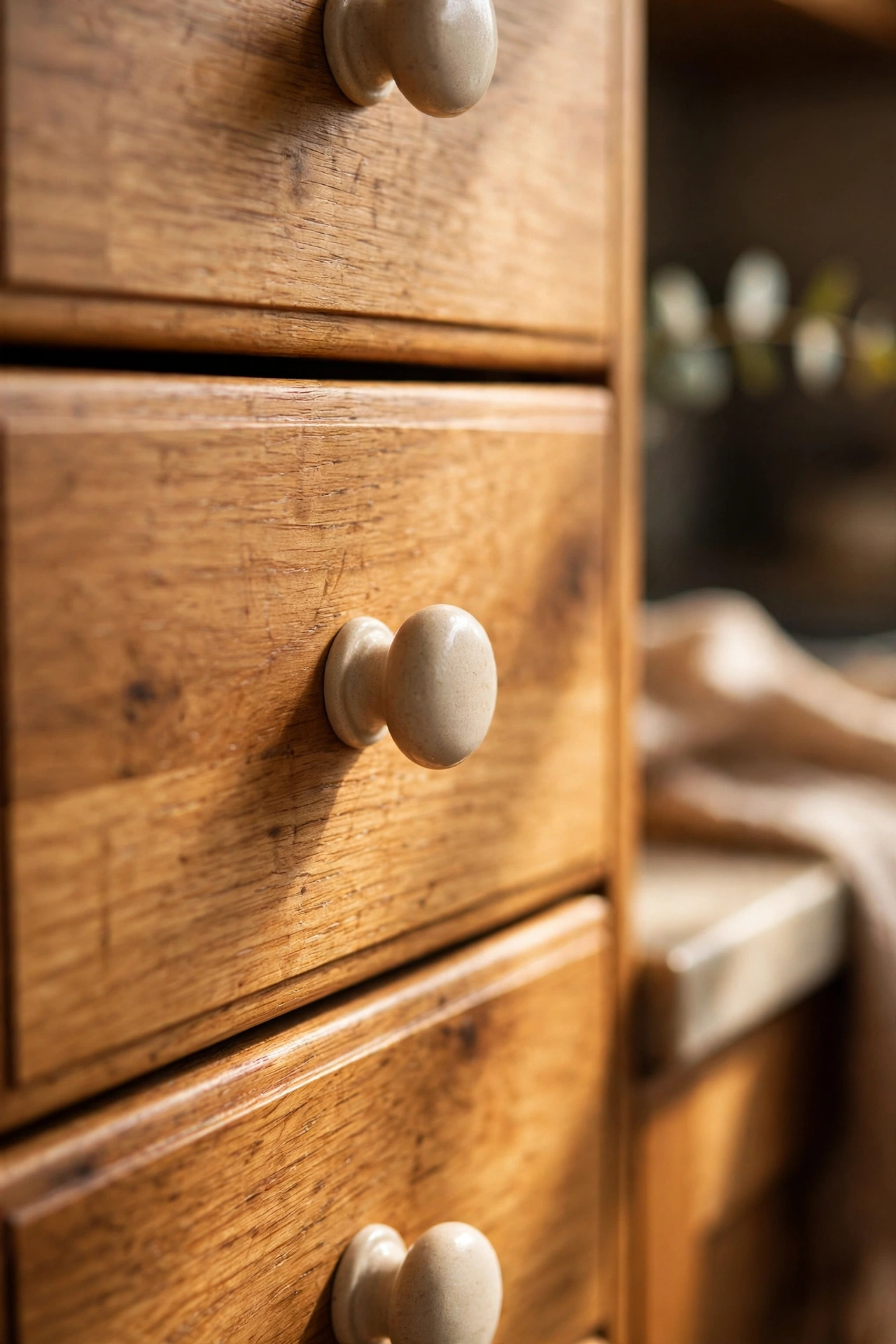 Close-up of beige ceramic cabinet knobs on kitchen drawers