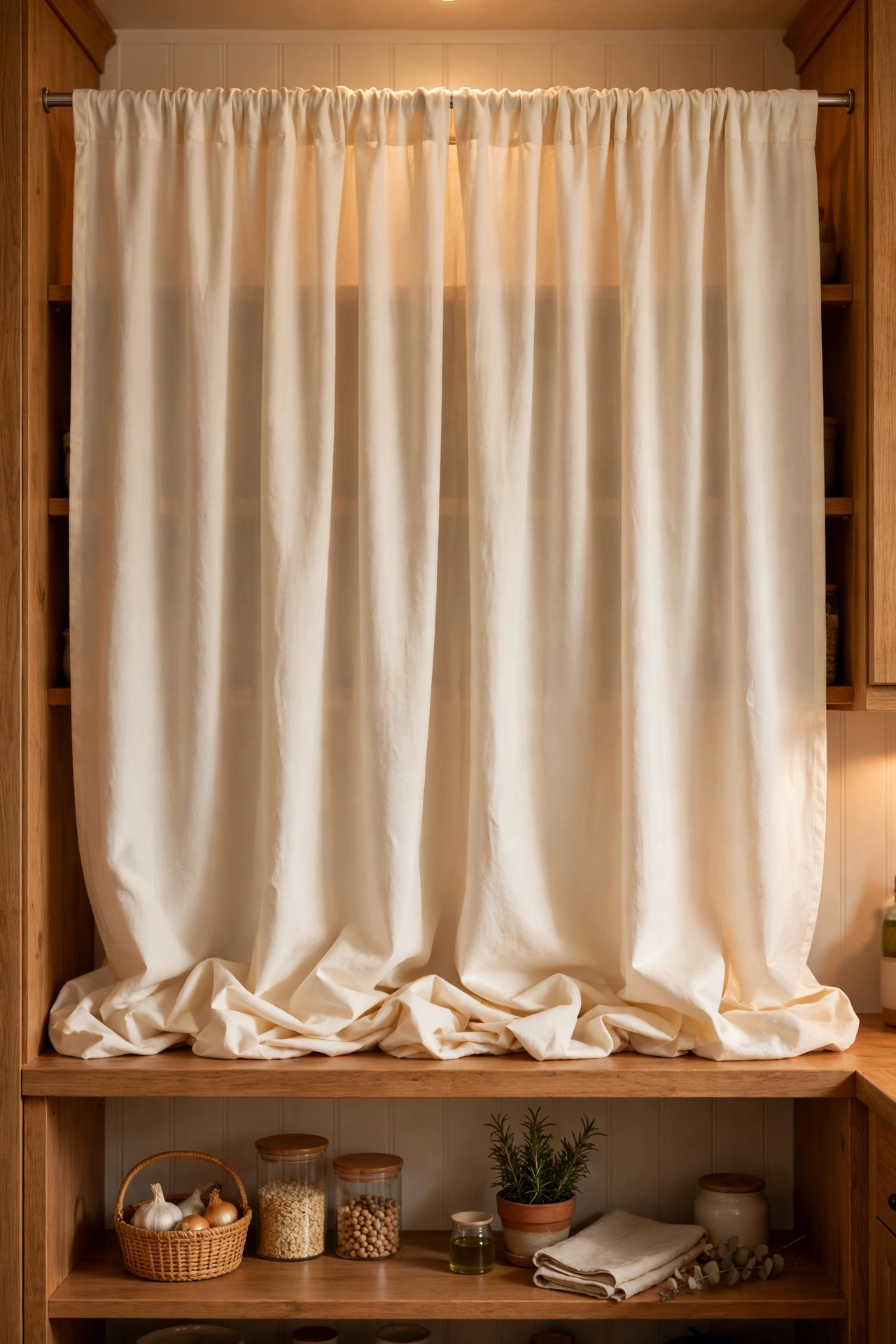 Cream cafe curtain on a tension rod hiding open pantry shelves