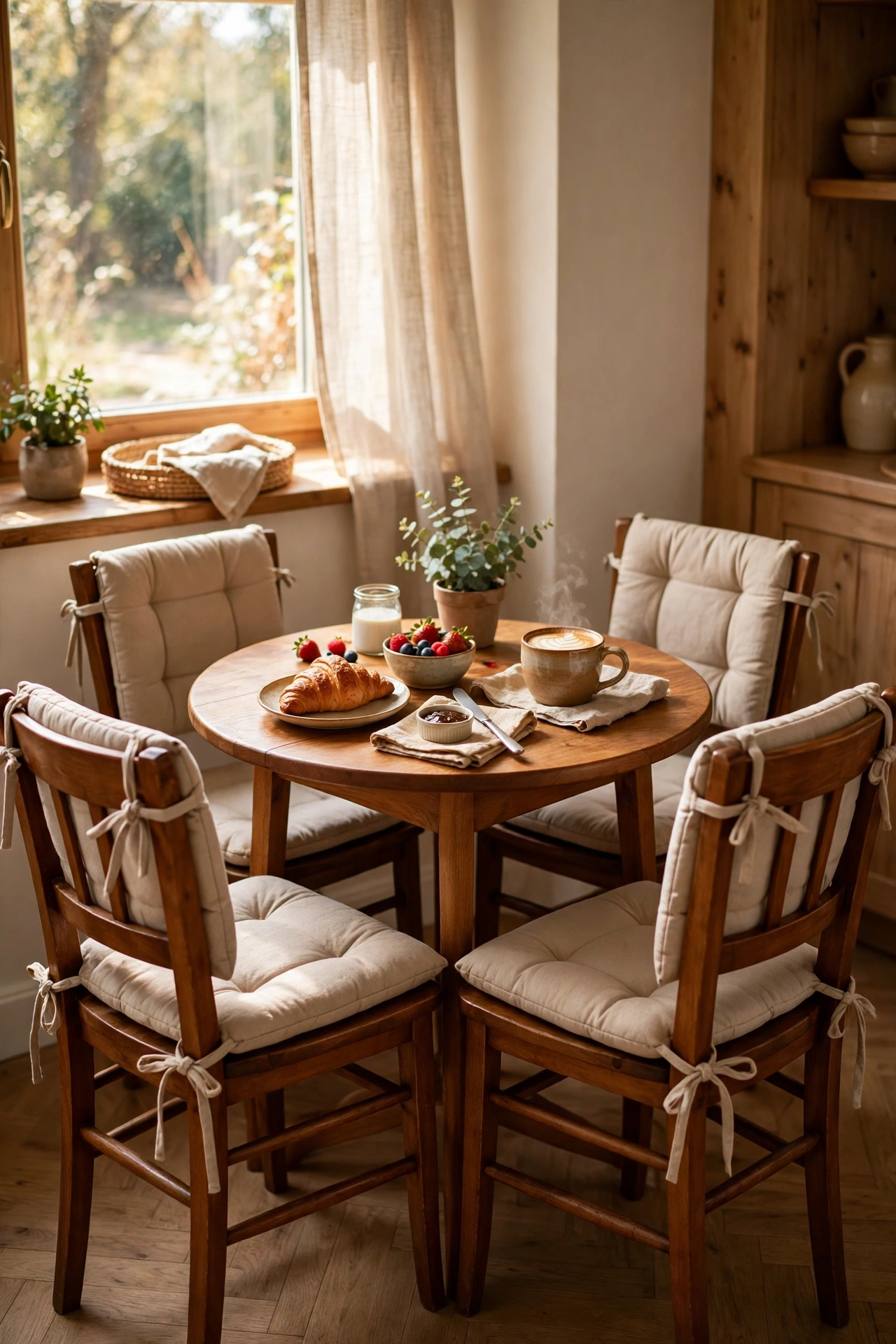 Wooden kitchen chairs with beige tie-on seat cushions
