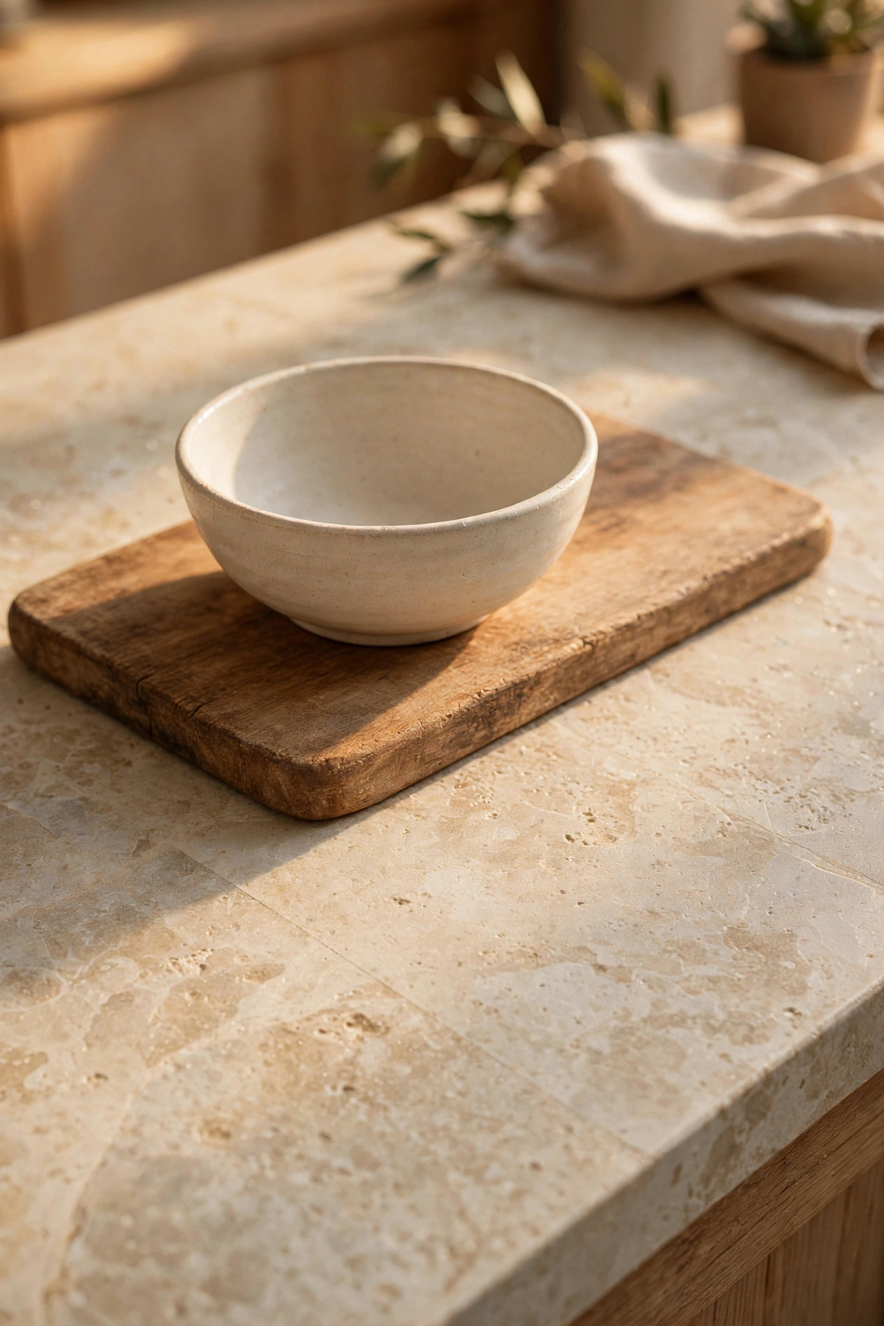Kitchen counter covered in beige limestone-look contact paper