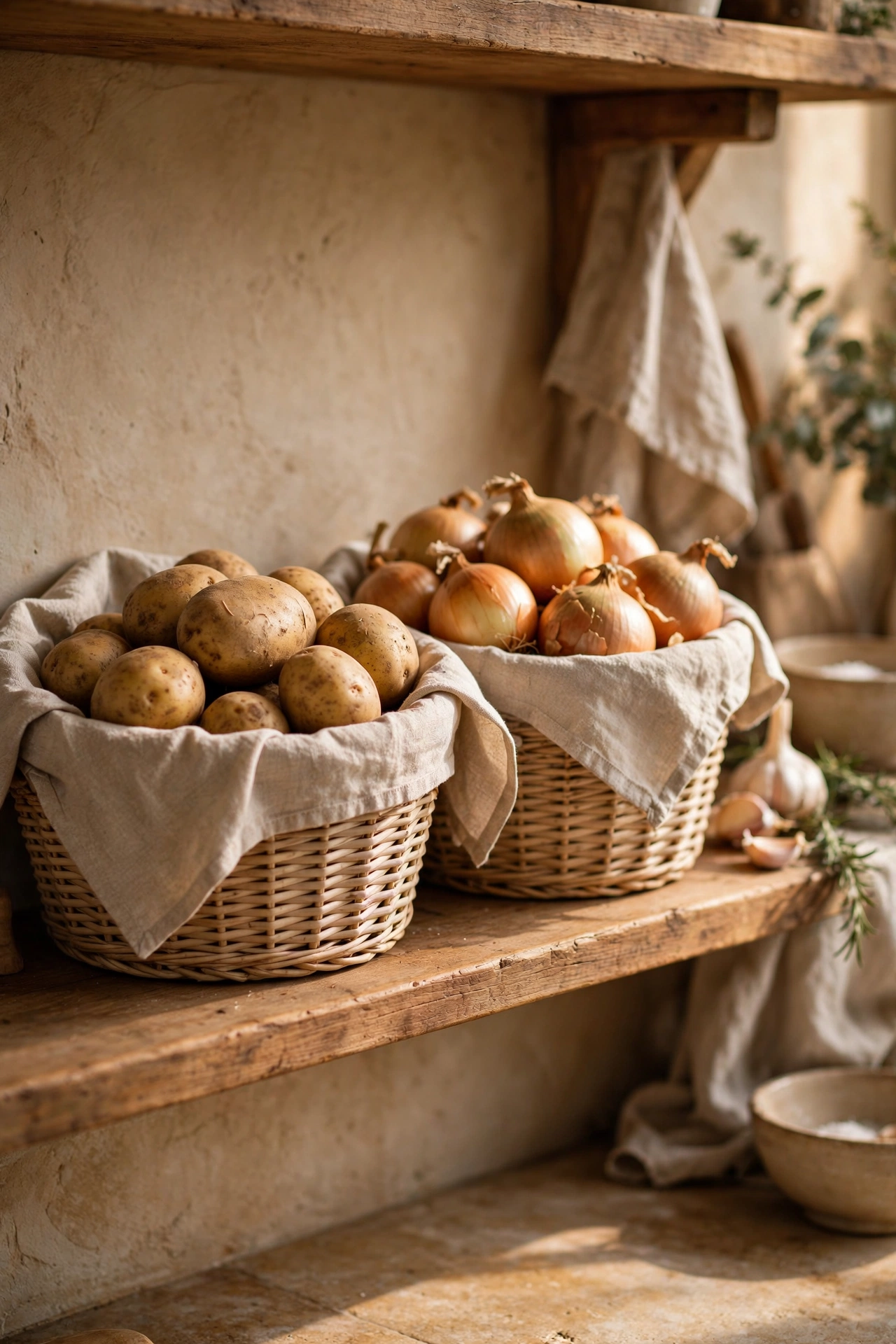 Natural woven baskets holding potatoes and onions on a shelf