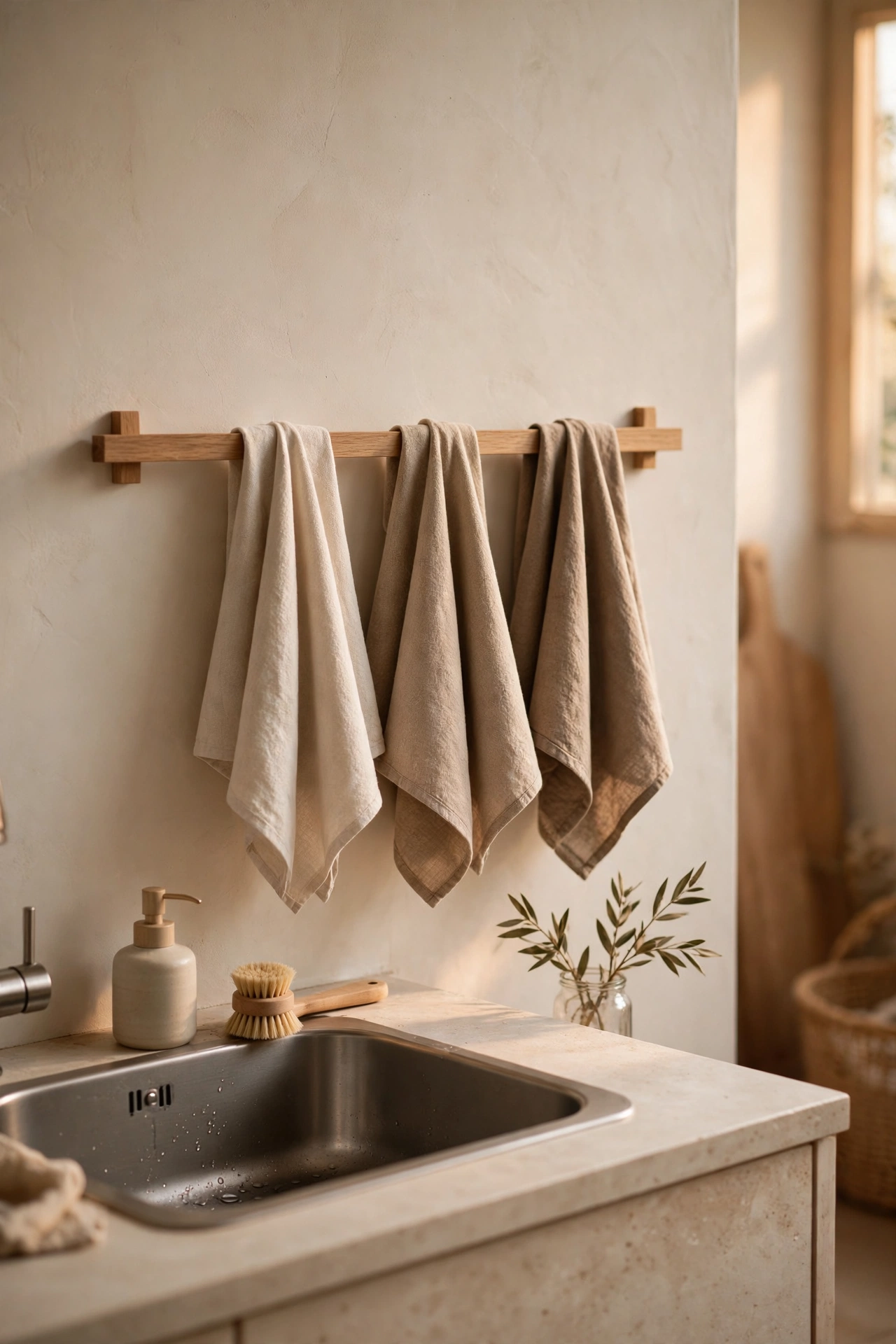 Wall rail with beige tea towels hanging near a kitchen sink