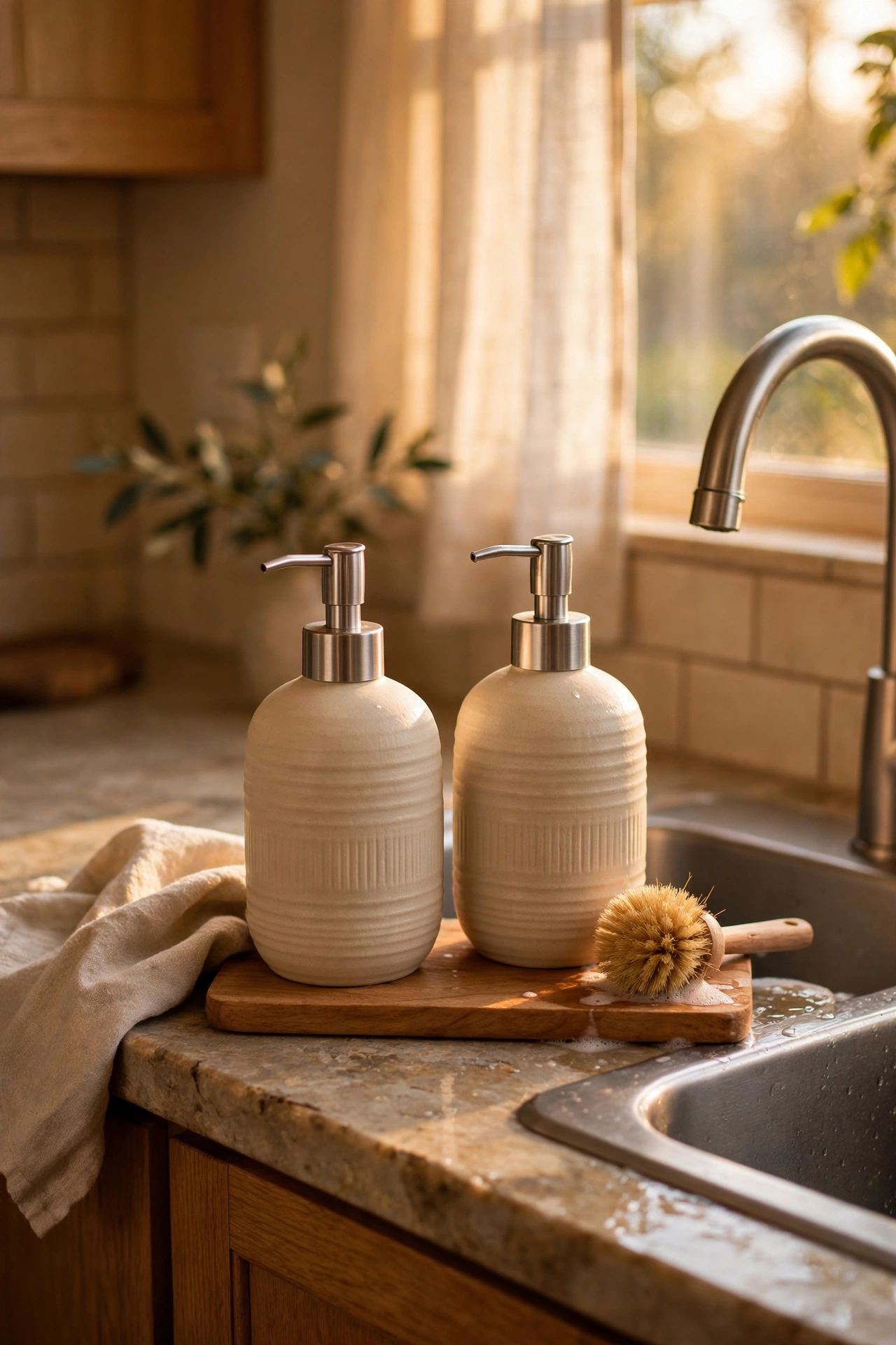 Matching beige ceramic soap dispensers on a tray by the sink