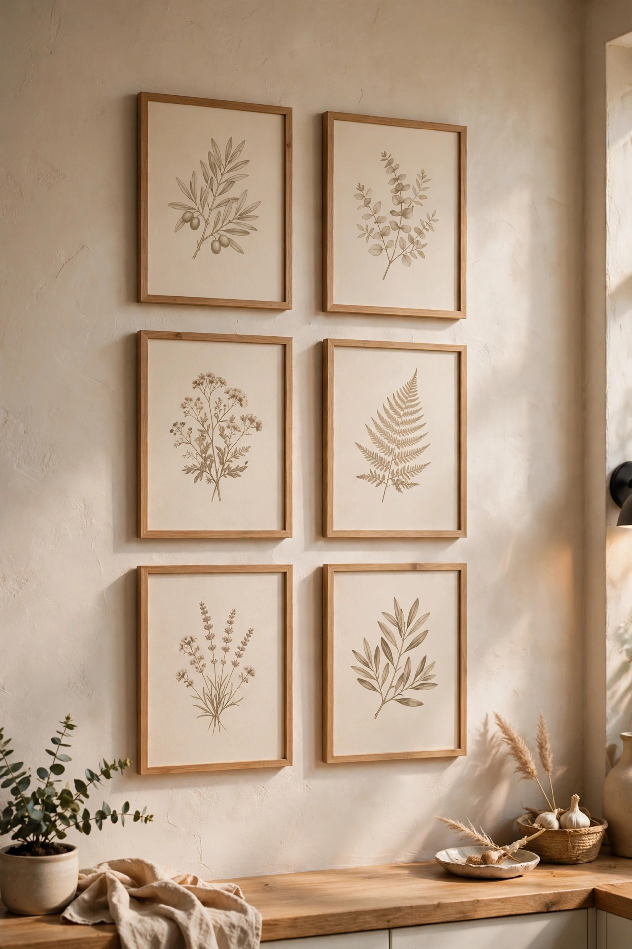 Gallery wall of beige botanical prints in slim frames