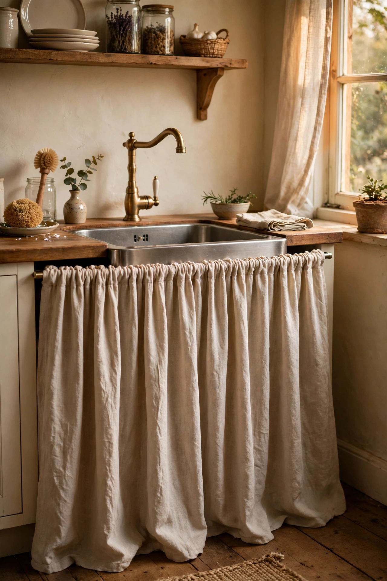 Beige linen skirt curtain hiding under-sink storage in a kitchen
