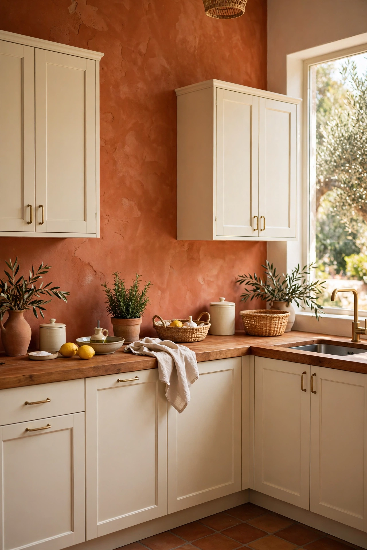 Kitchen feature wall painted in warm terracotta clay colour