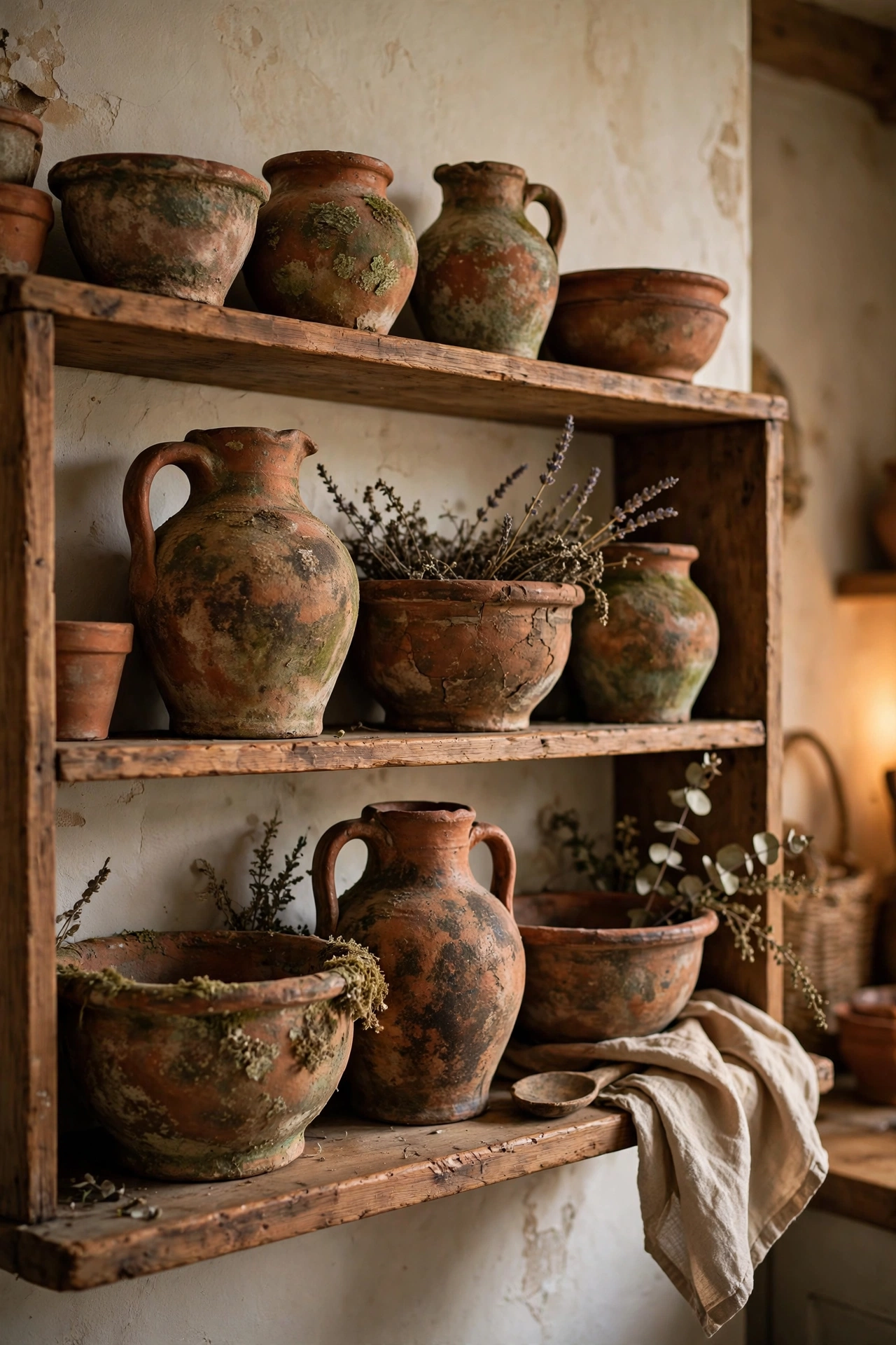 Open shelf displaying vintage terracotta pots, jugs and bowls