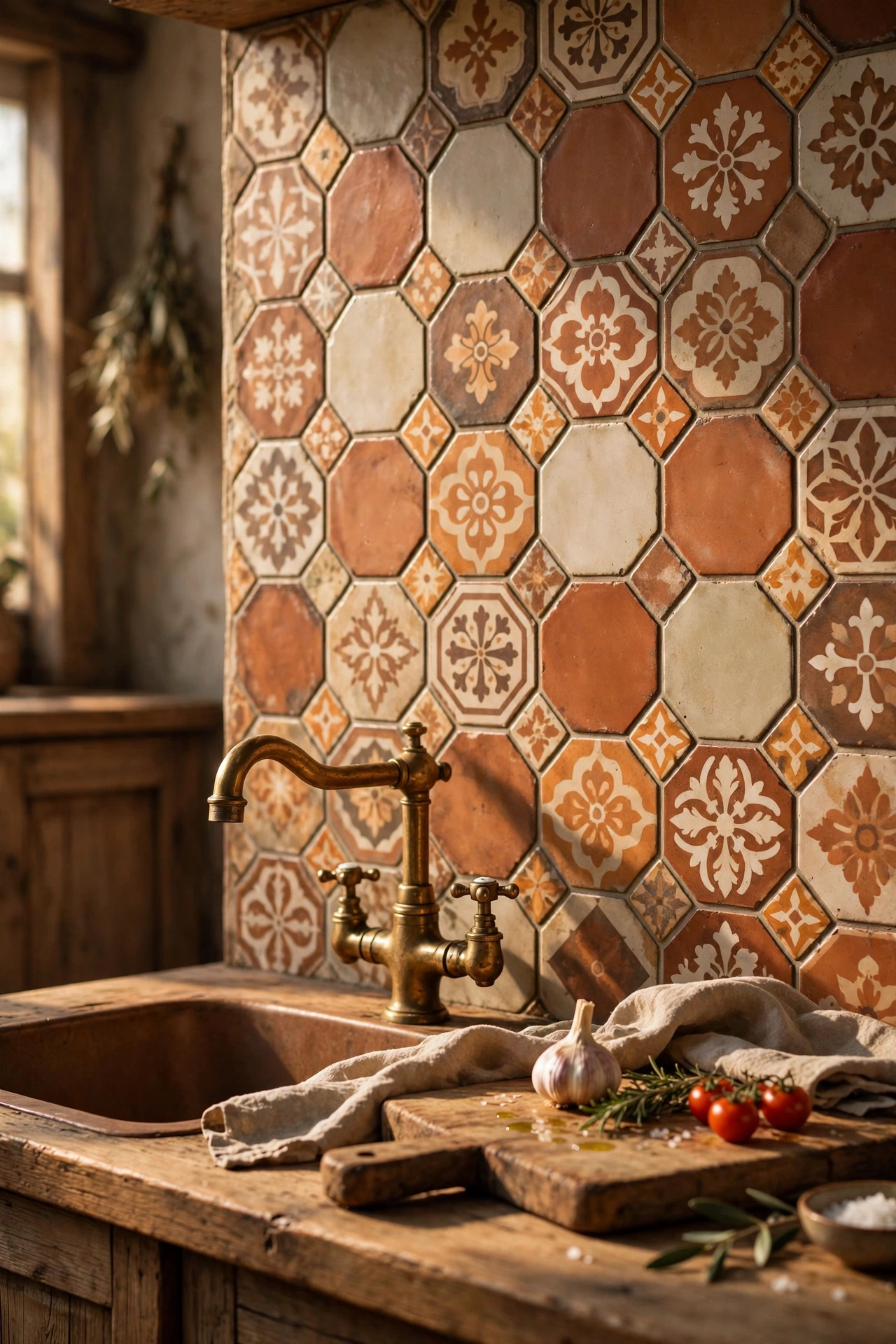Terracotta encaustic pattern stick-on tile backsplash in a kitchen