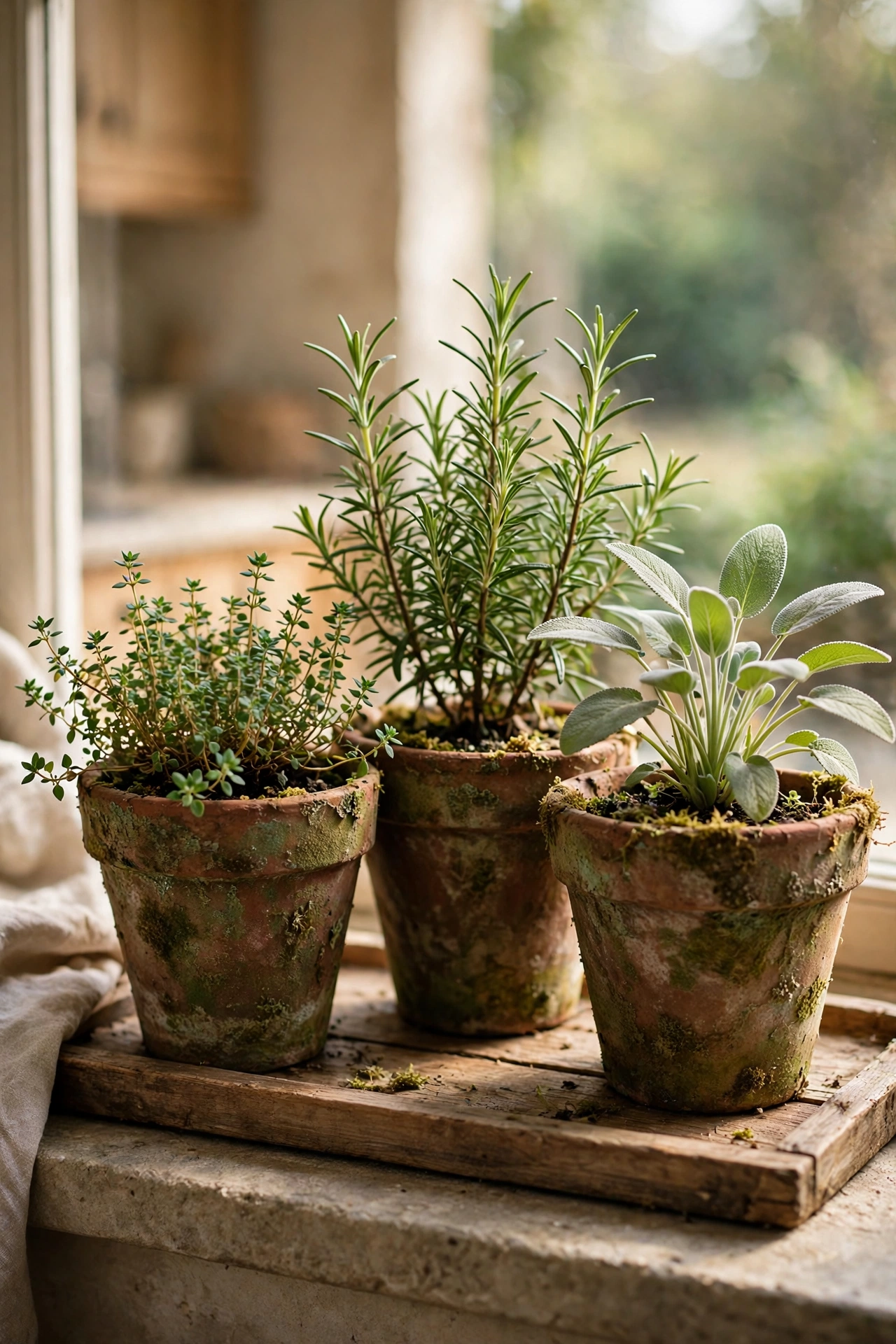 Weathered terracotta pots with Mediterranean herbs on a kitchen sill