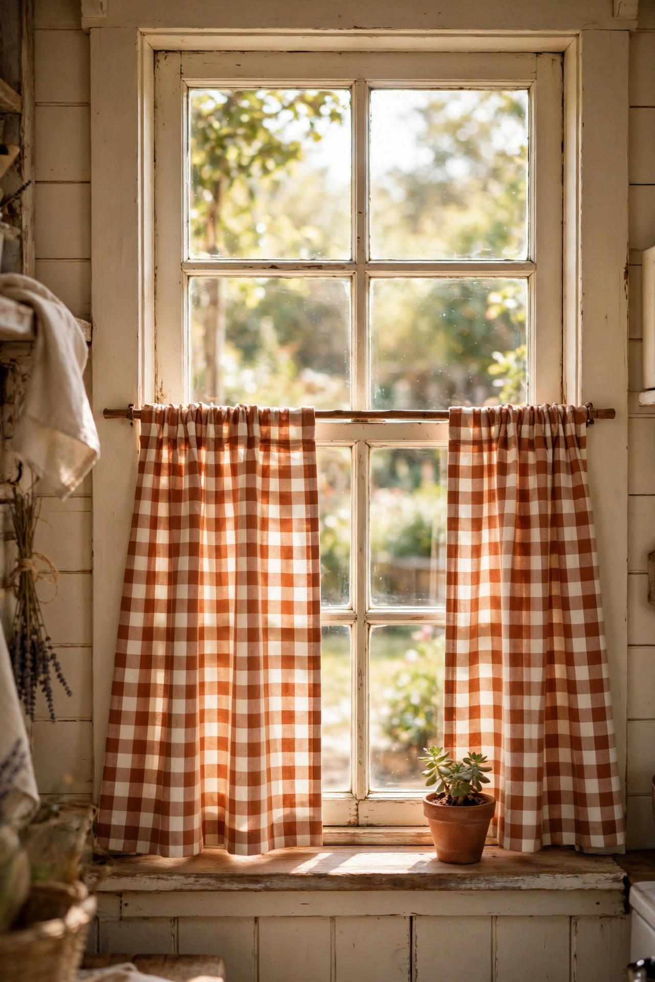 Terracotta and cream gingham cafe curtains on a kitchen window