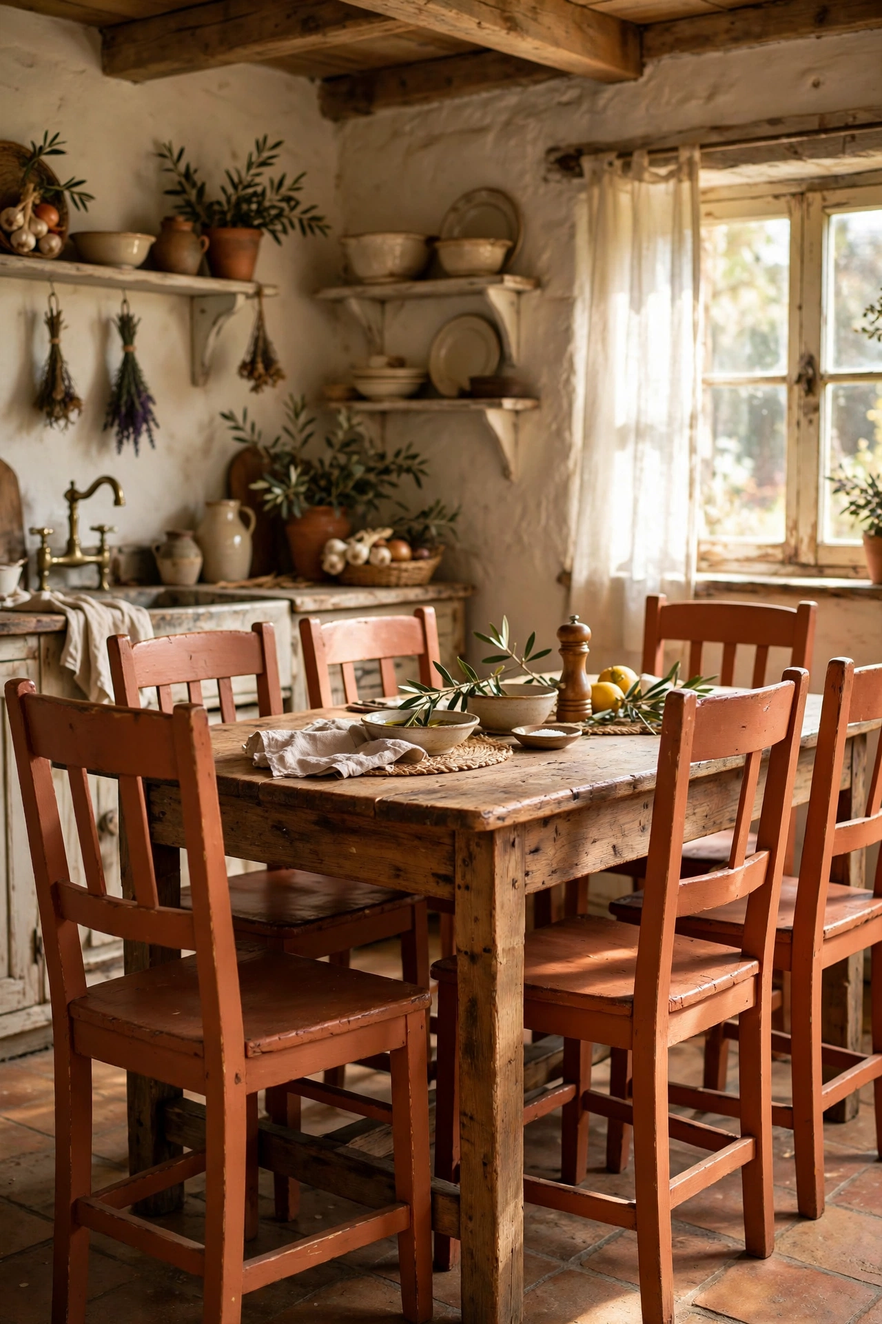 Wooden dining chairs painted in sun-baked terracotta