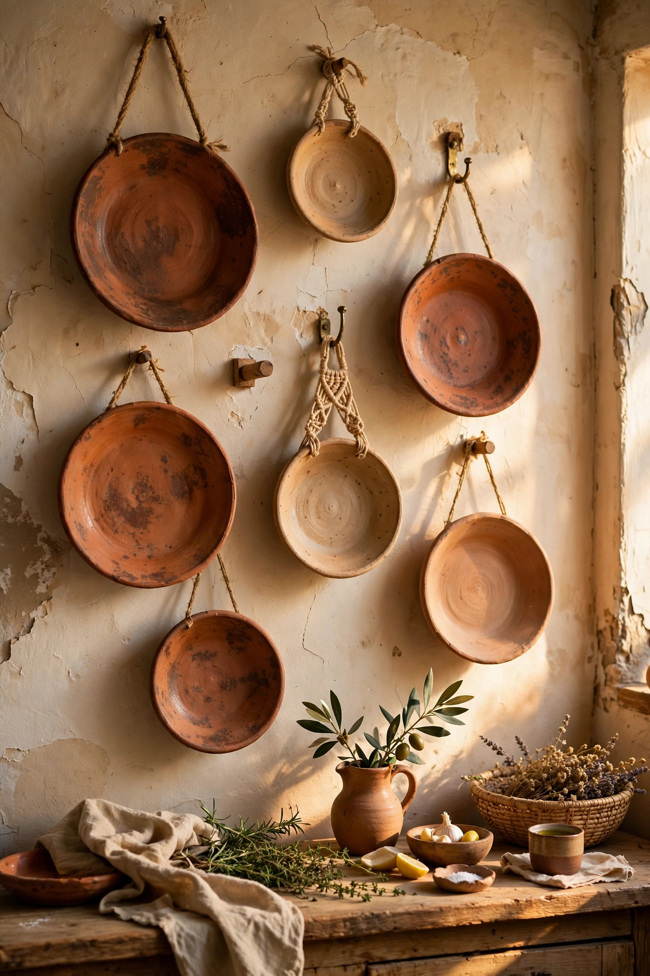 Terracotta plates and bowls hung as wall art in a kitchen