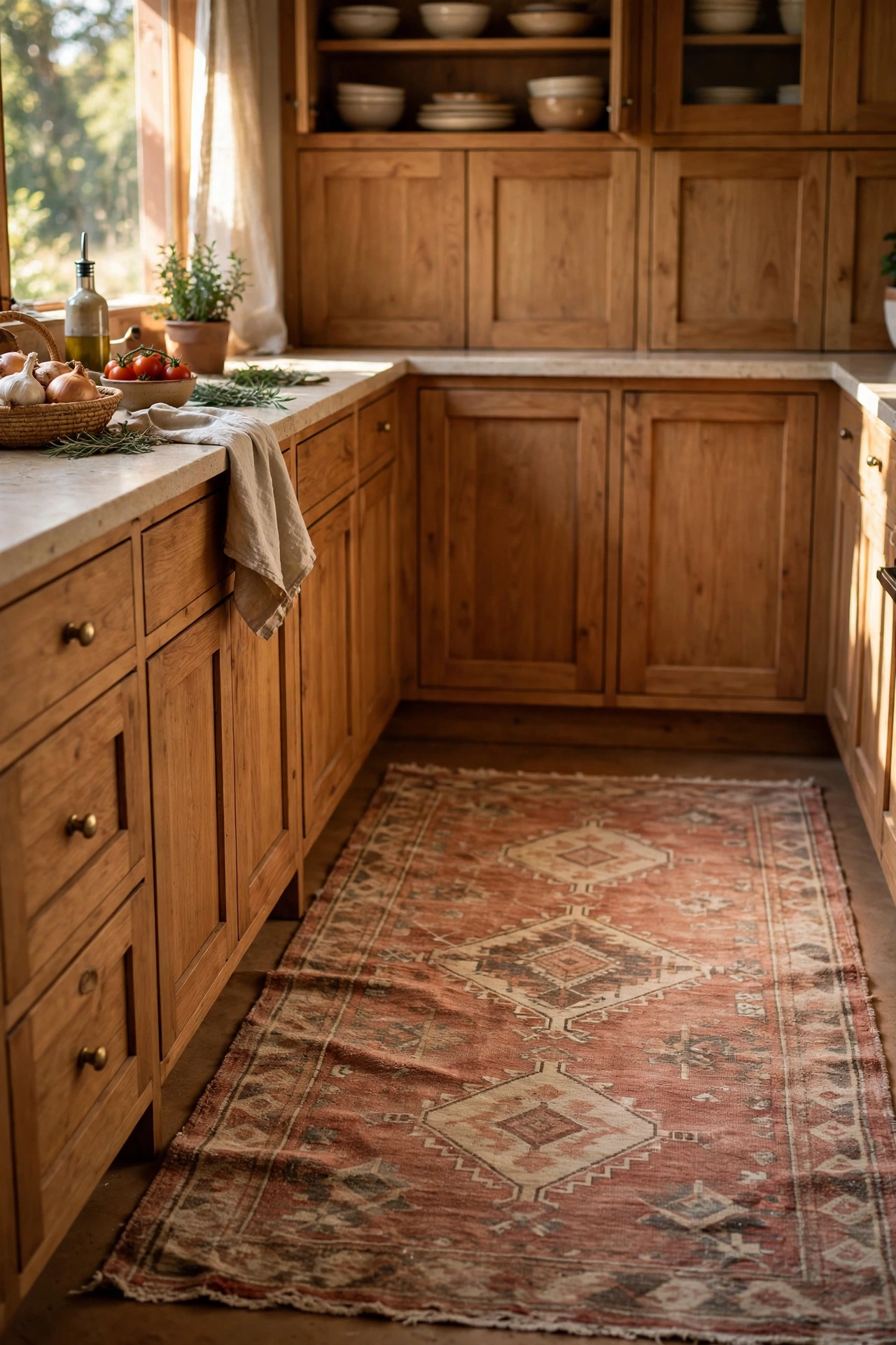 Faded terracotta flatweave rug on a kitchen floor