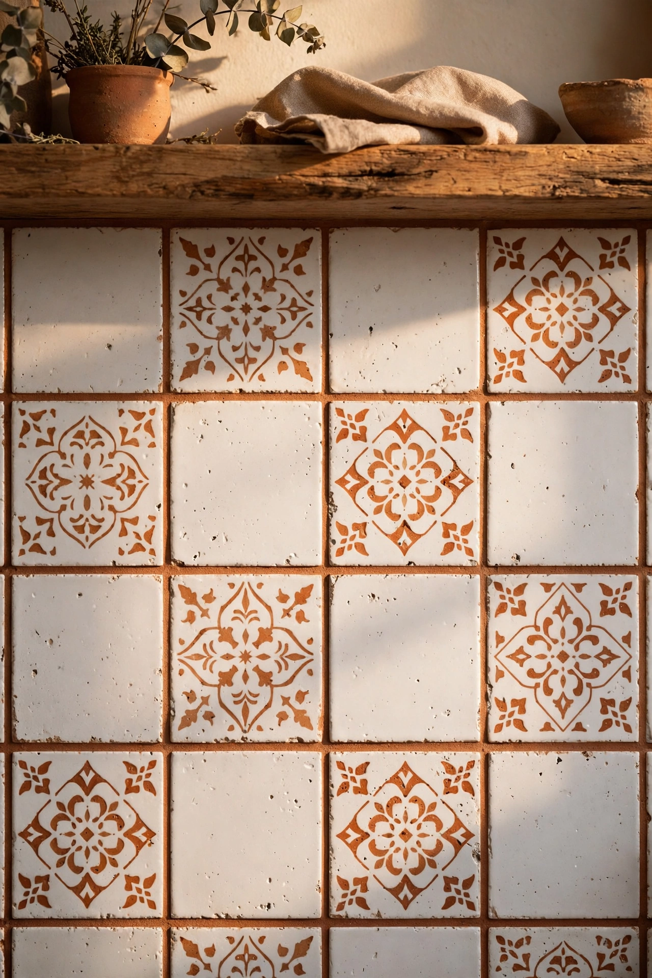 White kitchen tiles with terracotta coloured grout lines