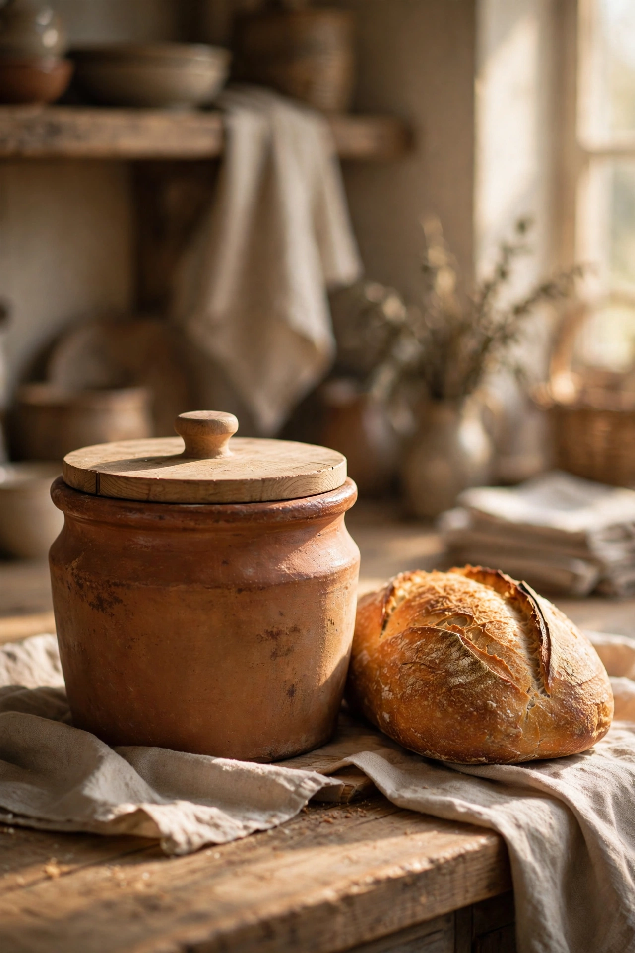 Vintage terracotta bread bin on a kitchen worktop