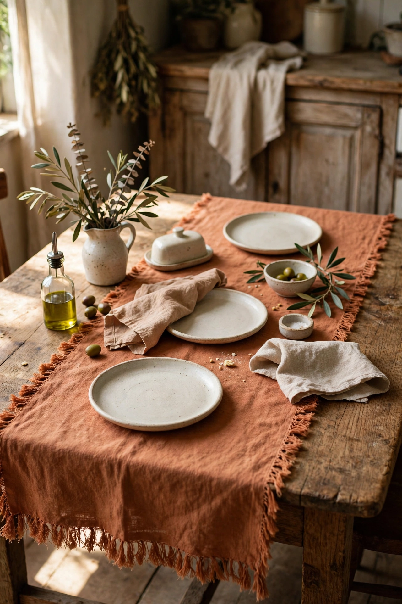 Terracotta linen table runner on a wooden kitchen table