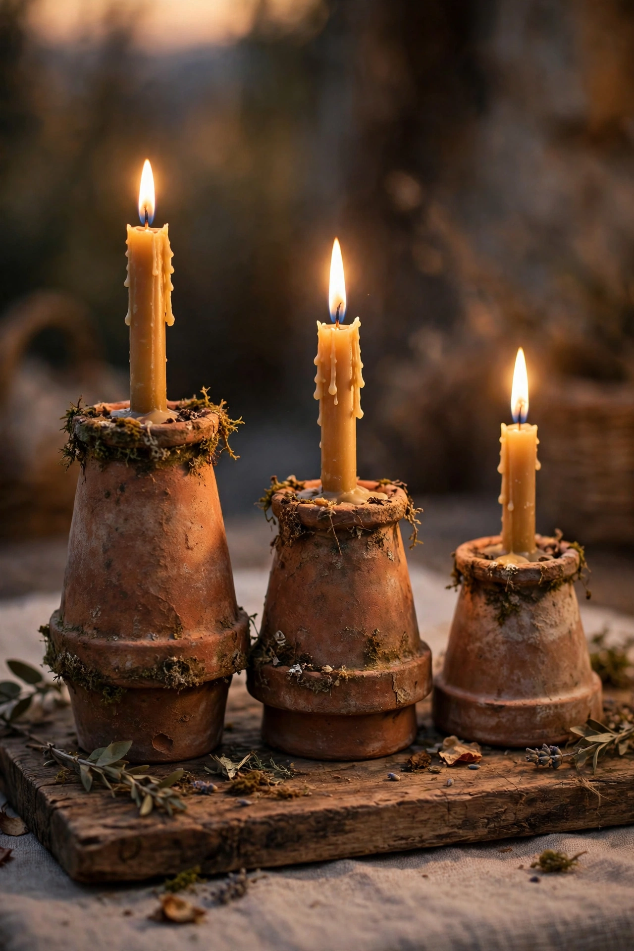 Upside-down terracotta pots used as candle holders on a board