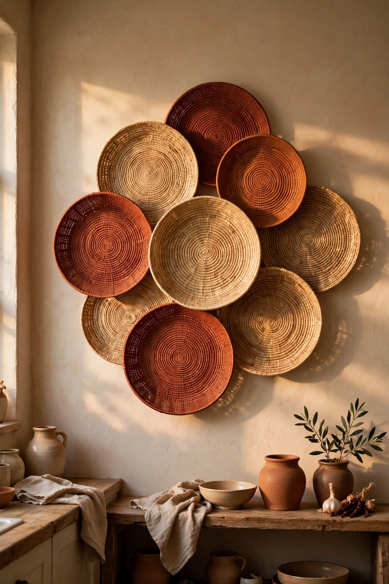 Cluster of woven baskets in terracotta tones hung on a kitchen wall