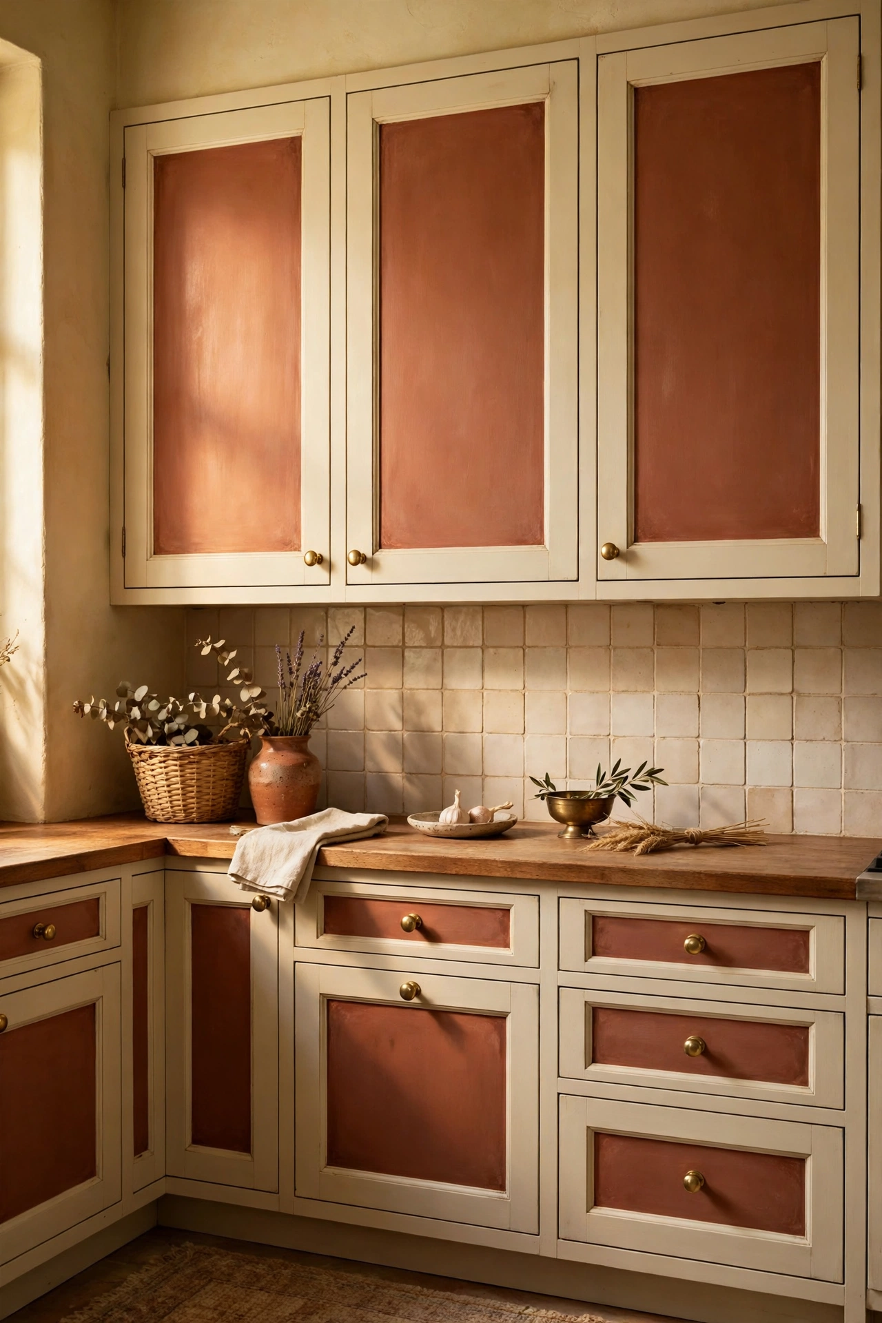 Shaker cabinet doors with terracotta painted panels and cream frames