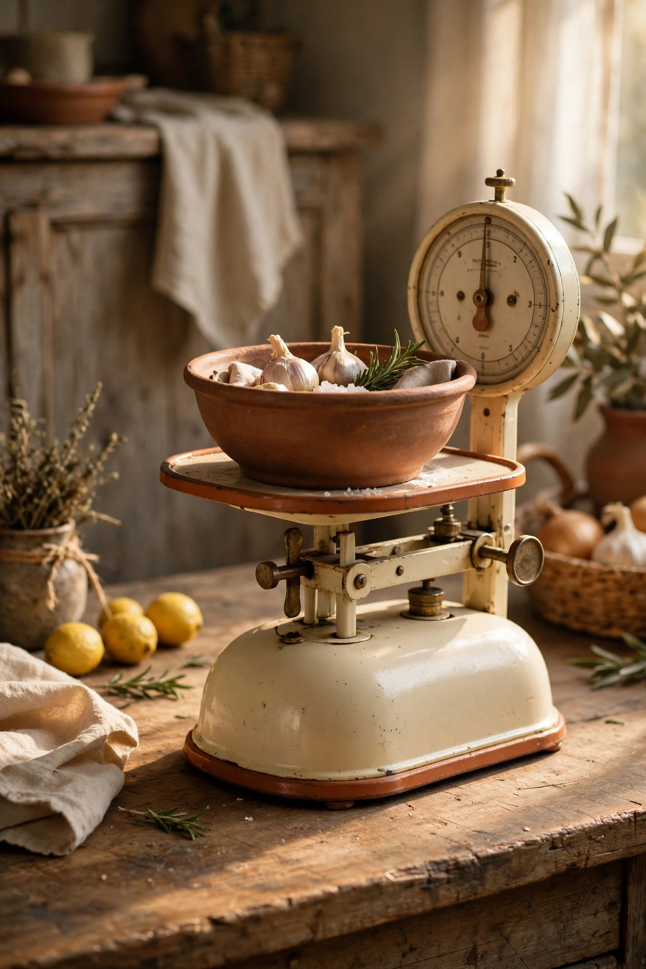 Vintage kitchen scale in cream and terracotta with weighing bowl
