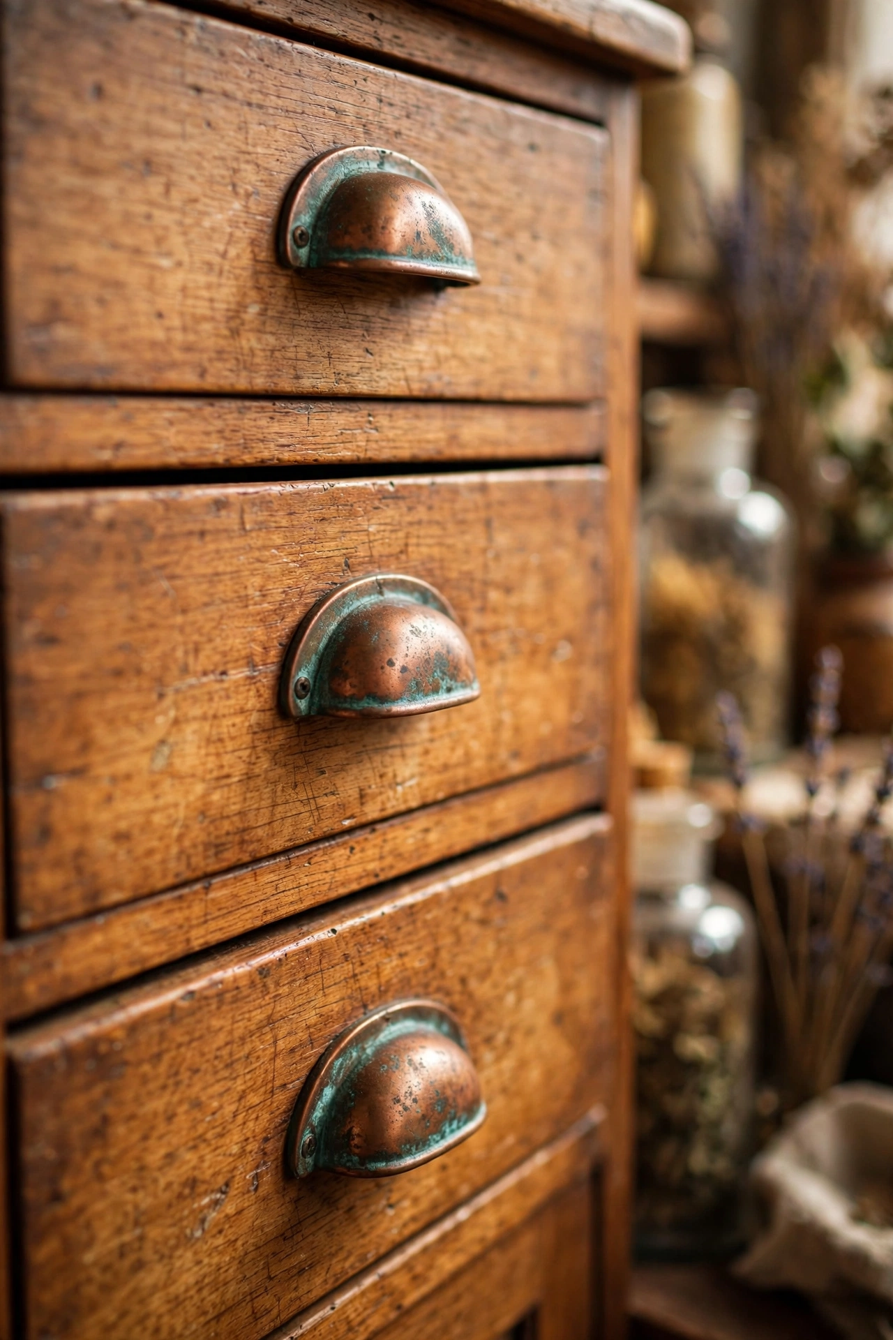 Kitchen drawers with aged terracotta copper patina cup pulls
