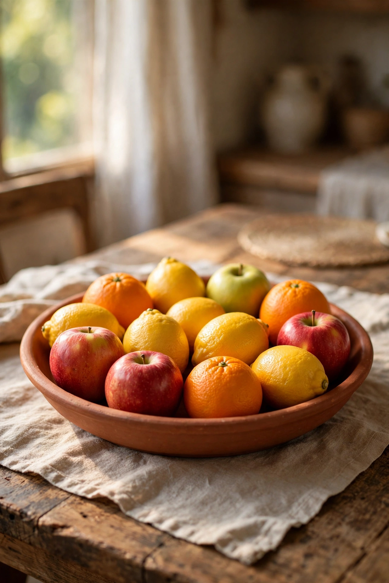 Shallow terracotta bowl filled with oranges and lemons